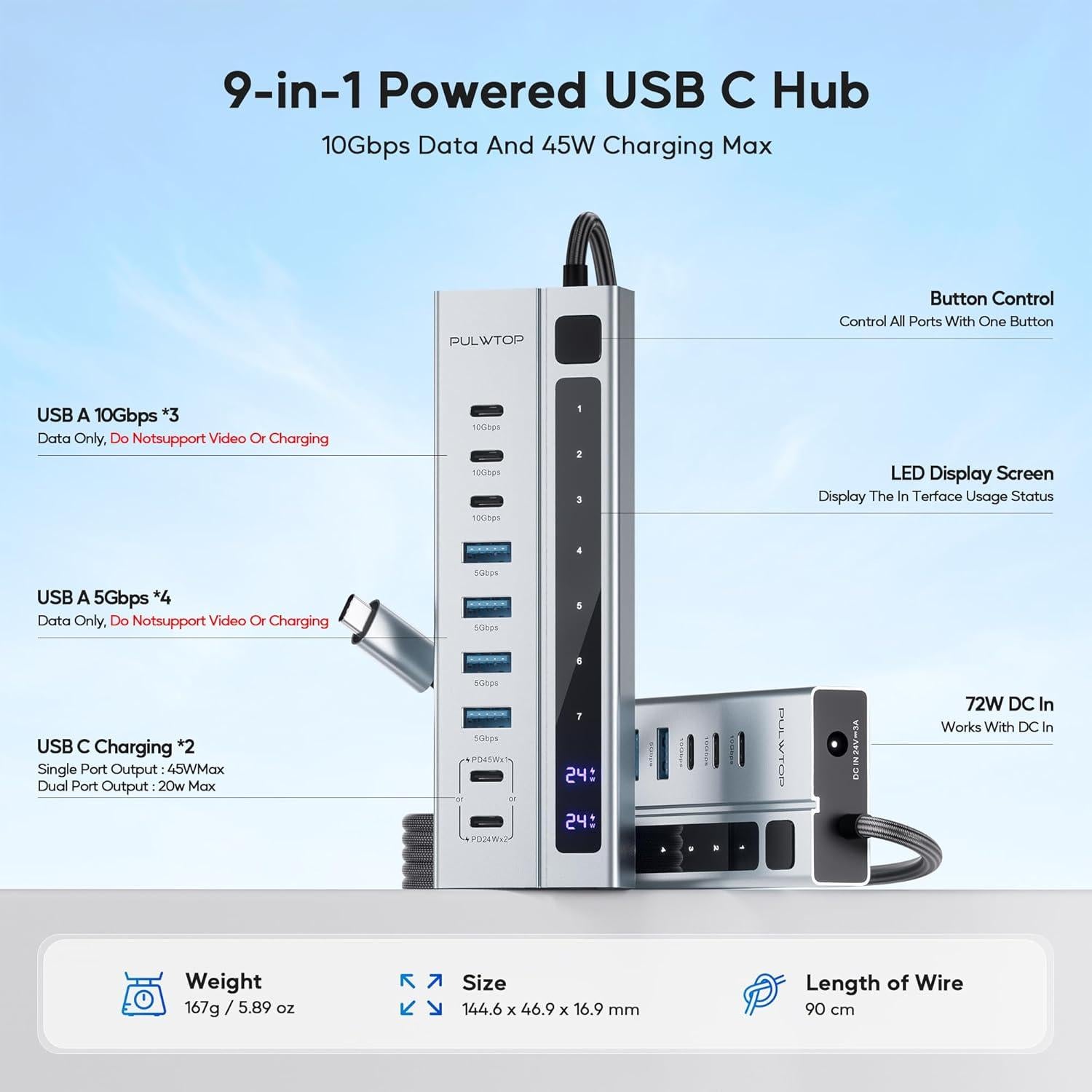 Hub USB C Alimentado PULWTOP 9-en-1 10Gbps 45W Carga PD