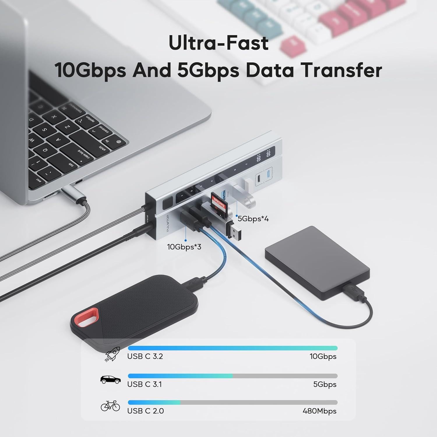 Hub USB C Alimentado PULWTOP 9-en-1 10Gbps 45W Carga PD