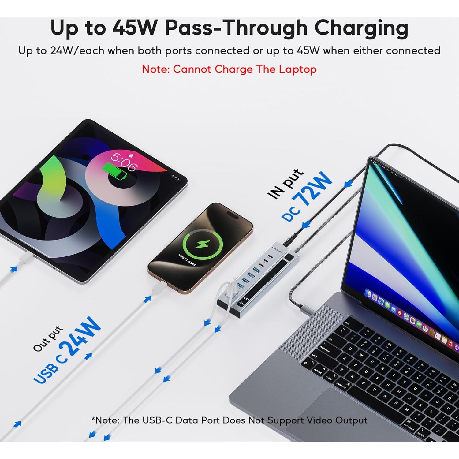 Hub USB C Alimentado PULWTOP 9-en-1 10Gbps 45W Carga PD