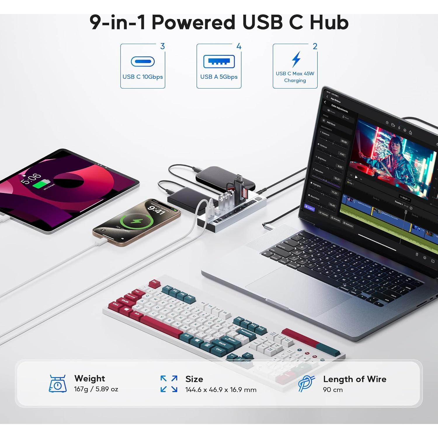 Hub USB C Alimentado PULWTOP 9-en-1 10Gbps 45W Carga PD