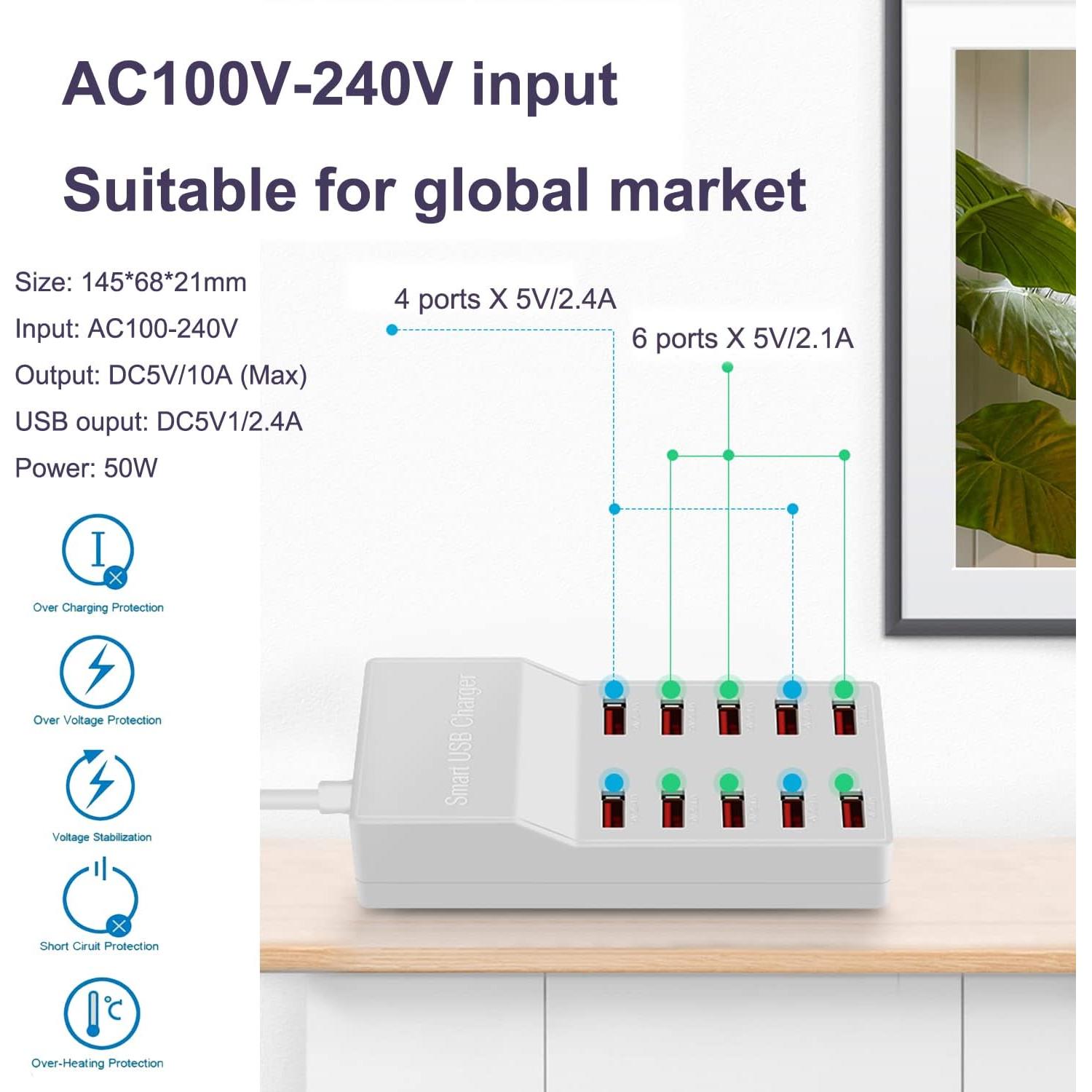 Estación de Carga USB MaxLax 10 Puertos 50W 10A Smart IC