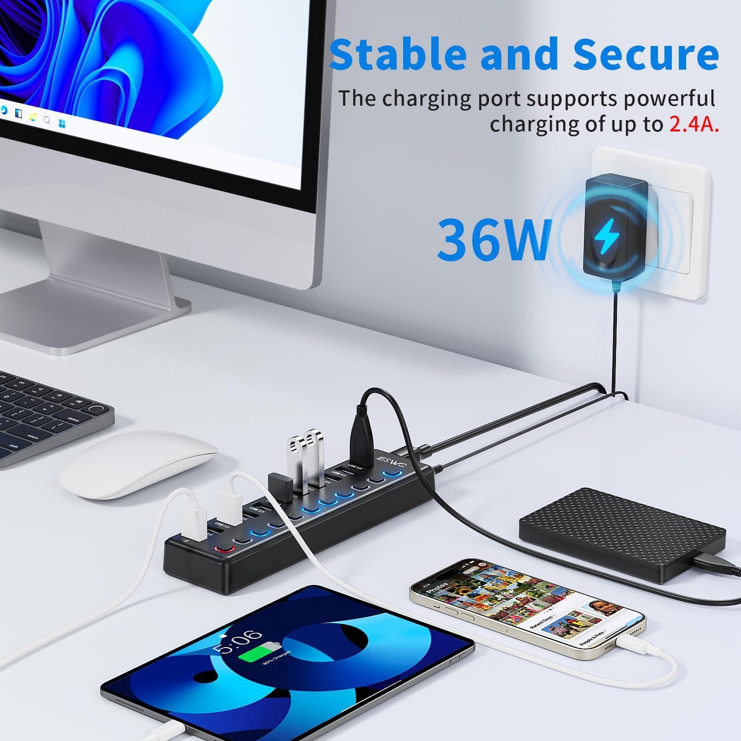 Hub USB 3.0 JESWO 11 Puertos con Carga Inteligente 36W