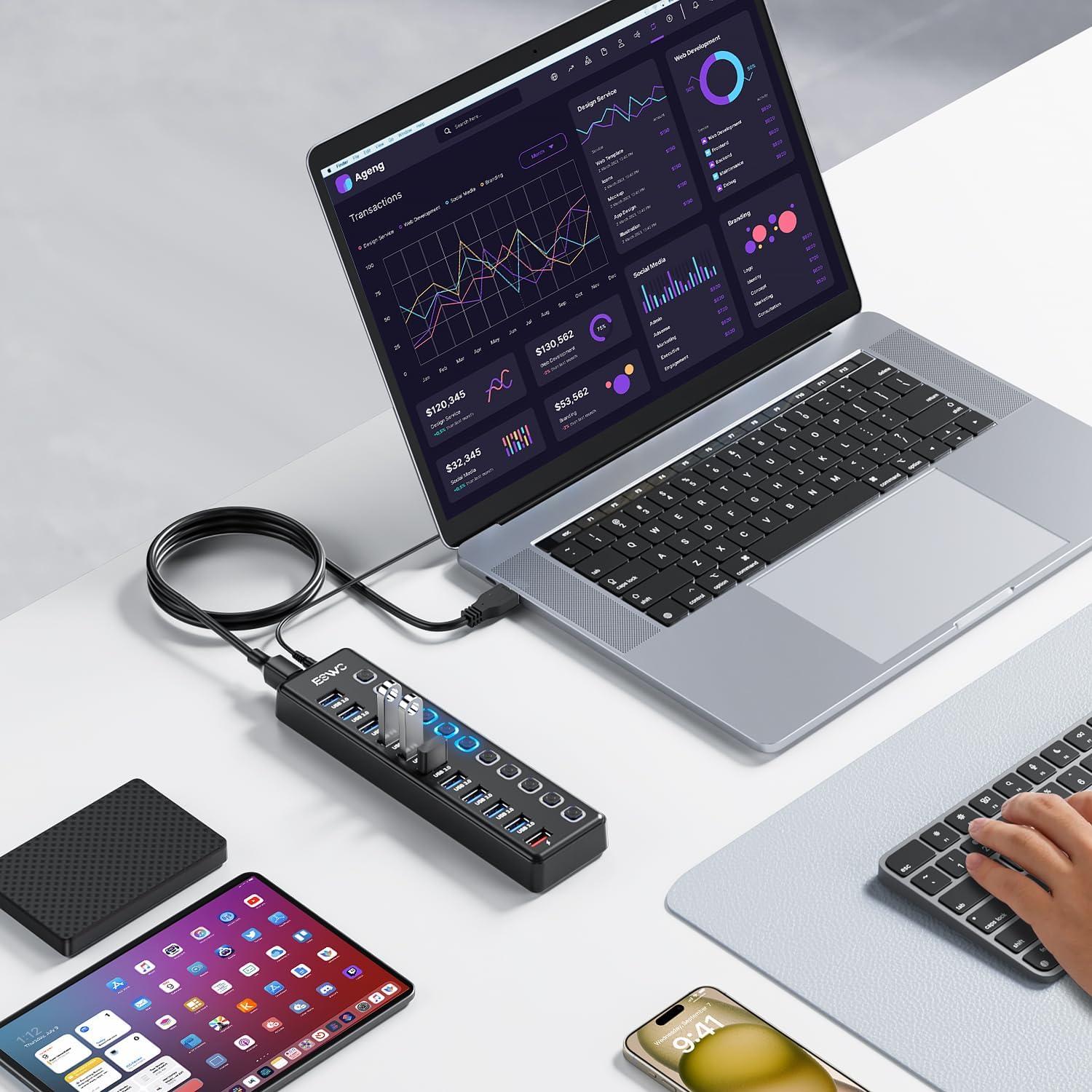 Hub USB 3.0 JESWO 11 Puertos con Carga Inteligente 36W