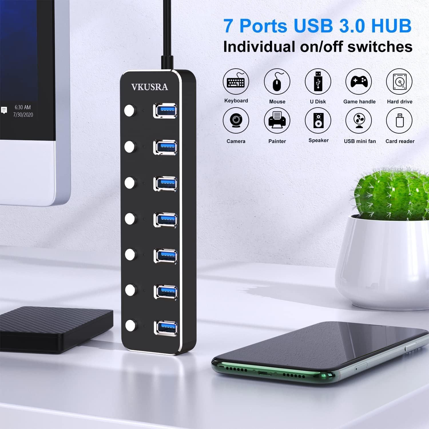 Hub USB 7 Puertos 3.0 VKUSRA con Cable de 1.2m y Interruptores