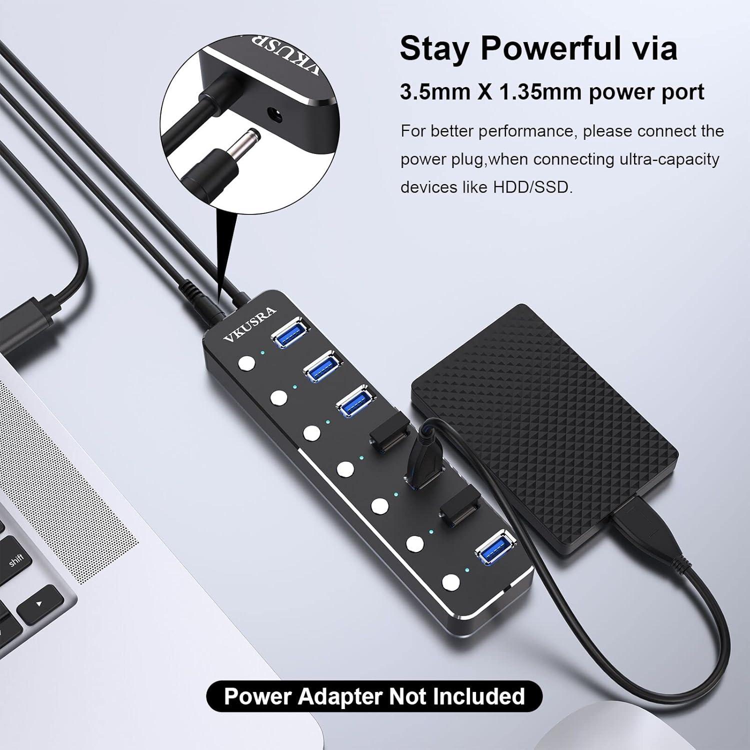 Hub USB 7 Puertos 3.0 VKUSRA con Cable de 1.2m y Interruptores