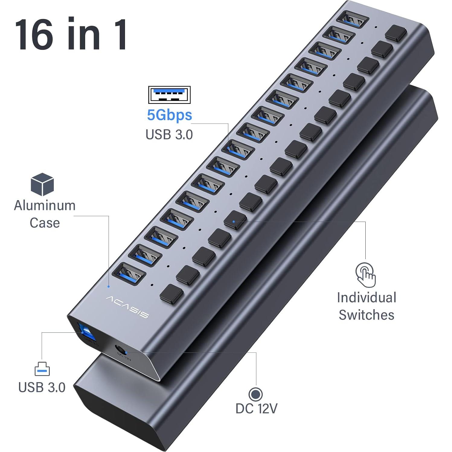 Hub USB 3.0 Alimentado ACASIS 16 Puertos 90W Aluminio