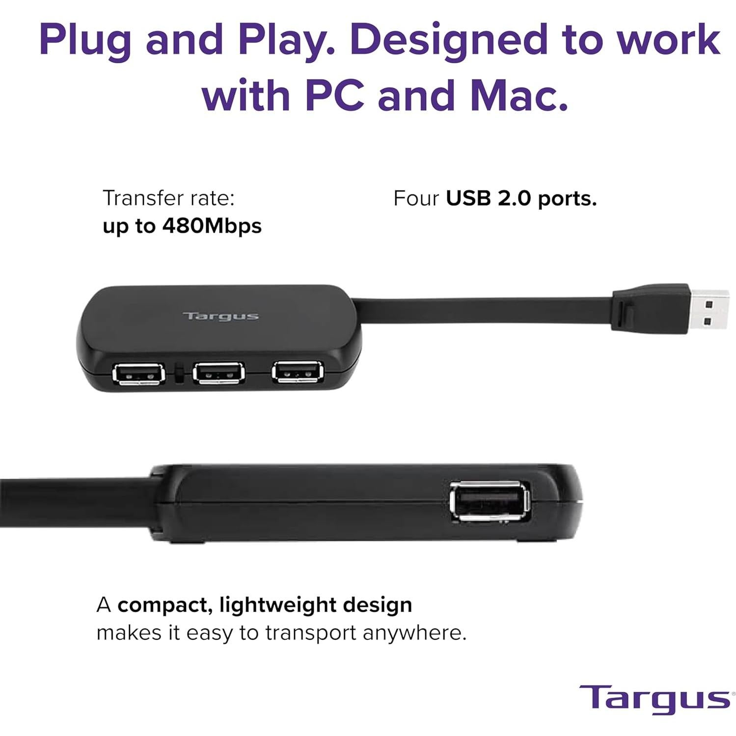 Hub USB 2.0 Targus de 4 Puertos Negro - Compatible PC y Mac