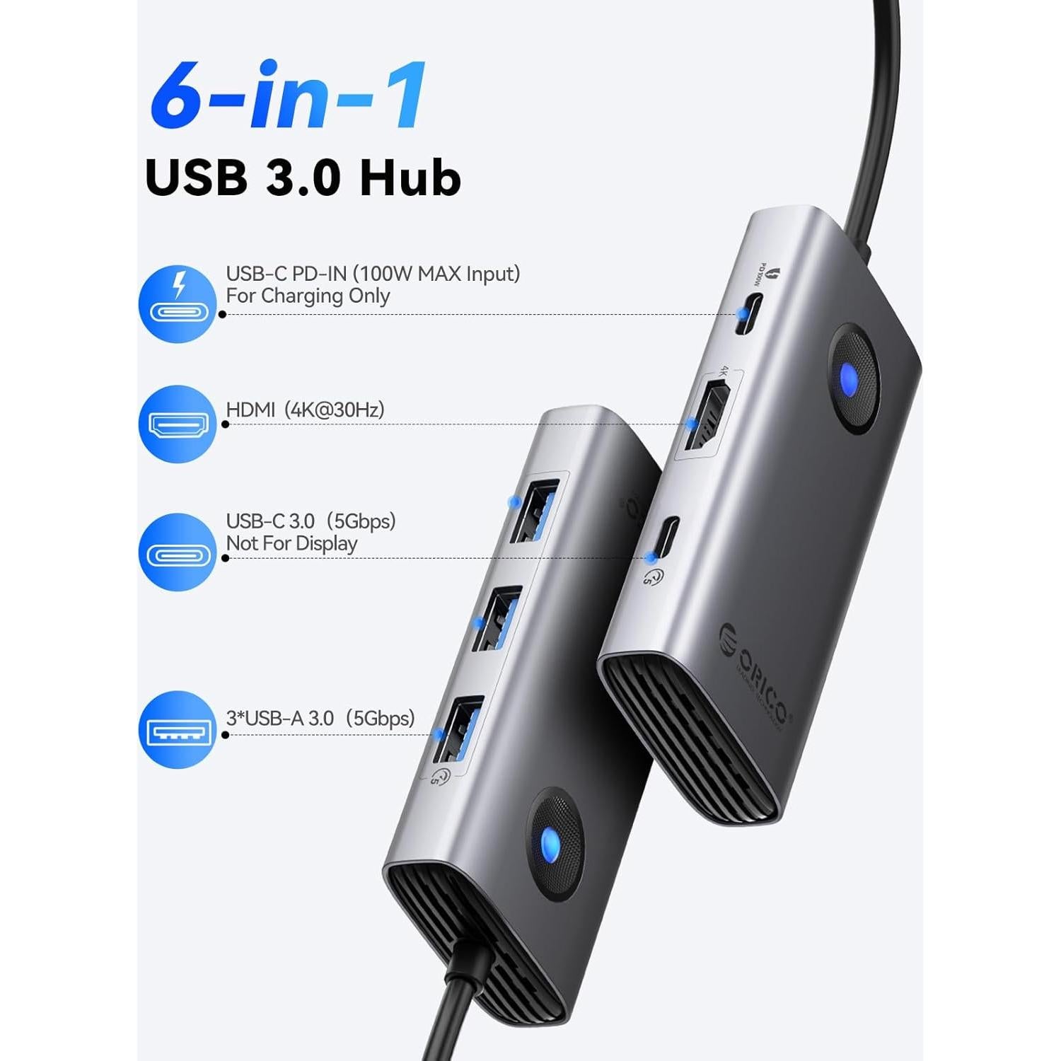 Hub USB C 6-en-1 ORICO PW11-6P-GY con HDMI 4K y 100W PD
