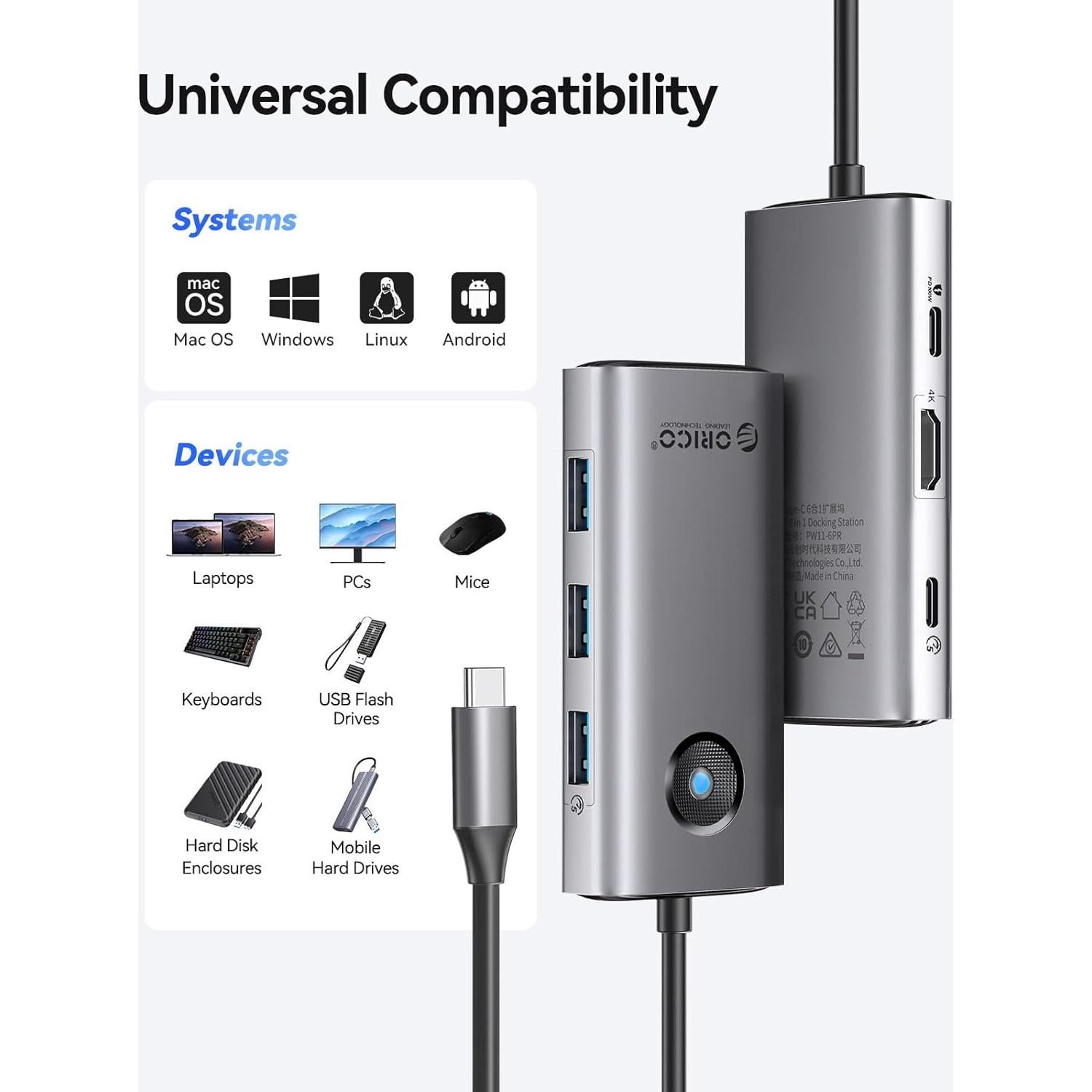 Hub USB C 6-en-1 ORICO PW11-6P-GY con HDMI 4K y 100W PD