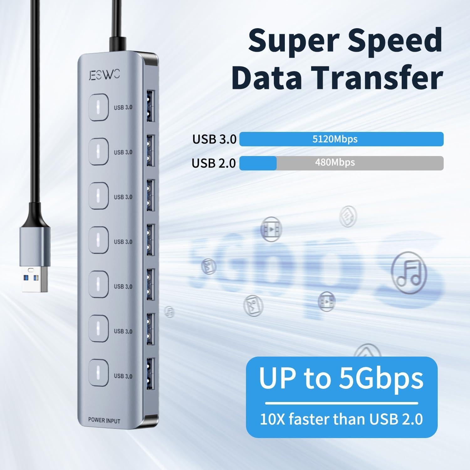 Hub USB 3.0 7 Puertos Aluminio Dongguan A307, 5Gbps