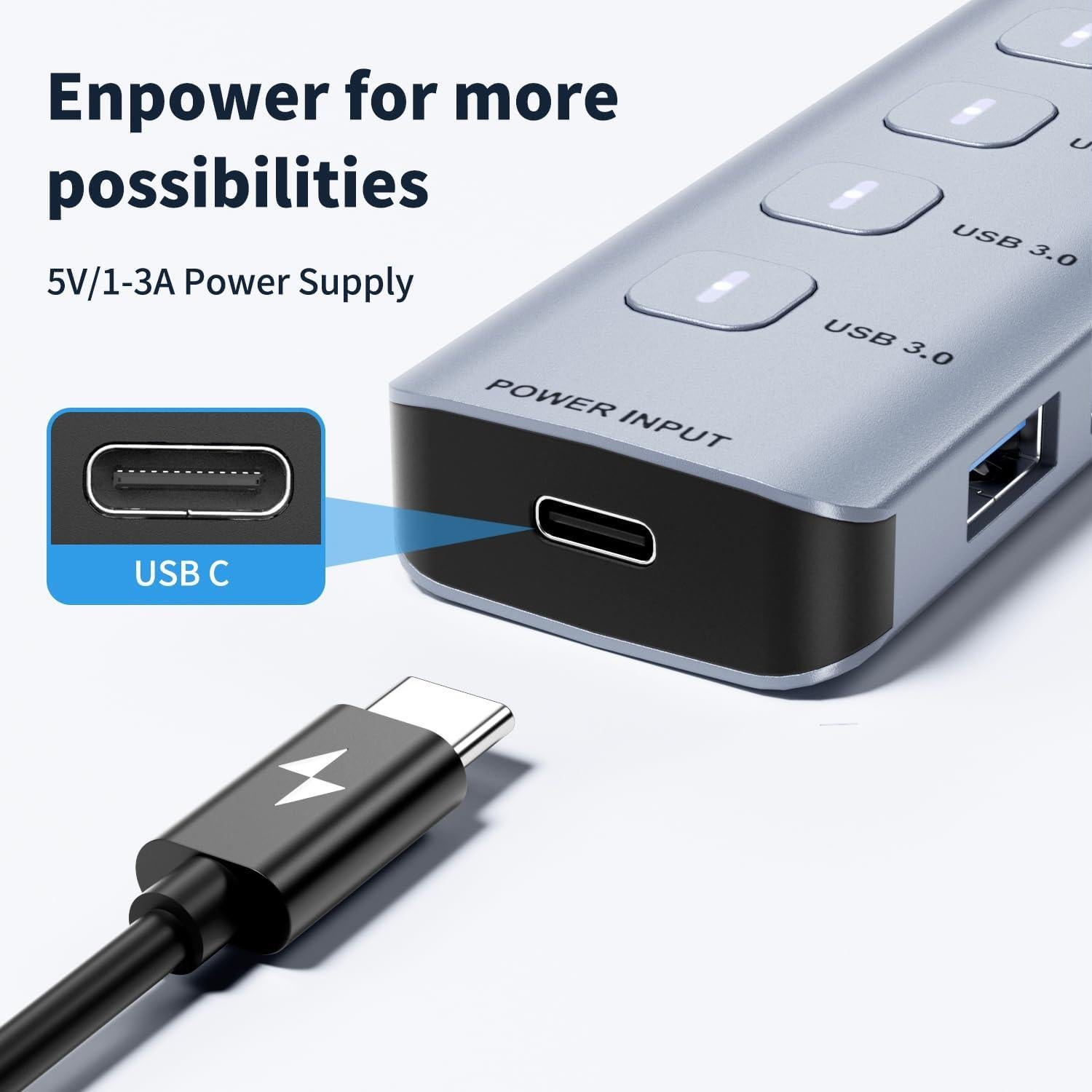 Hub USB 3.0 7 Puertos Aluminio Dongguan A307, 5Gbps