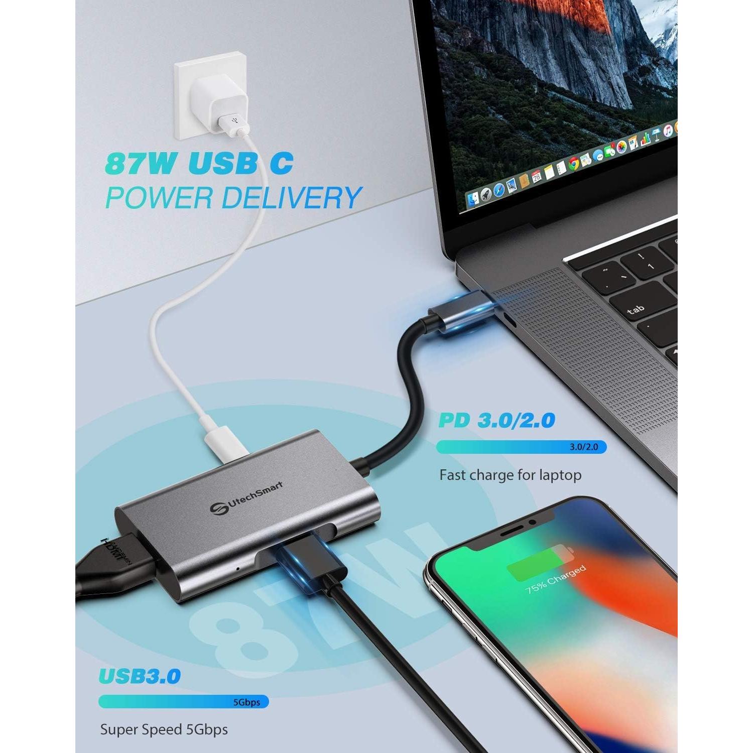 Adaptador UtechSmart HDMI a USB-C 4 en 1, 4K, 100W PD