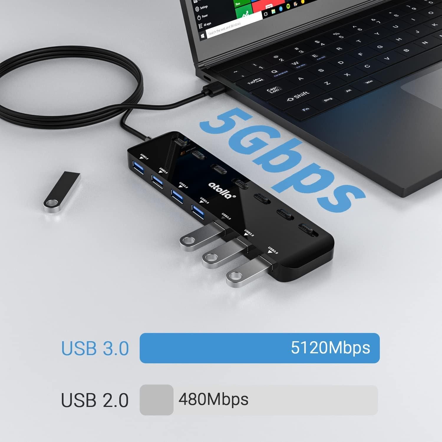 Hub USB 3.0 atolla de 7 Puertos con Interruptores y LEDs