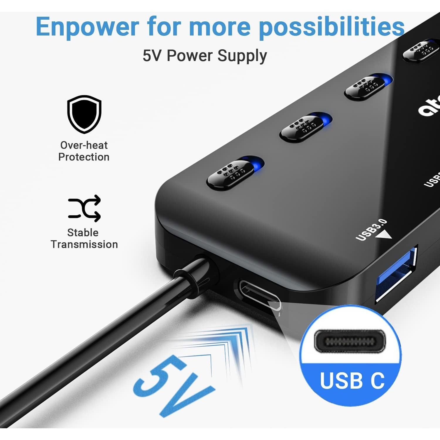 Hub USB 3.0 atolla de 7 Puertos con Interruptores y LEDs