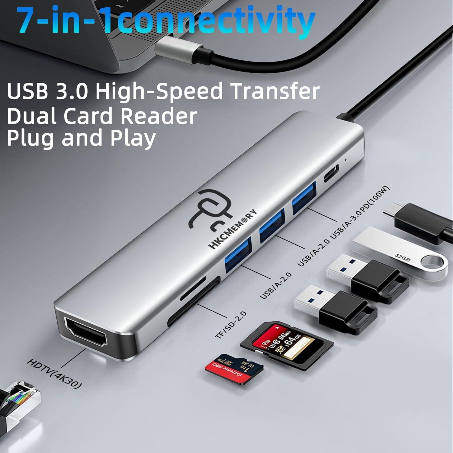Hub USB C 7-en-1 HKCMEMORY con HDMI 4K y carga PD 100W
