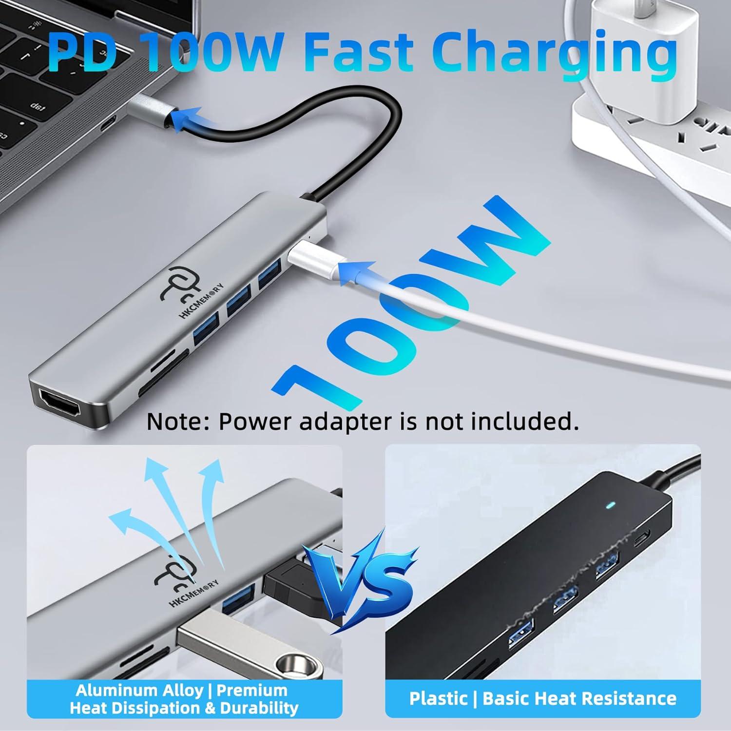 Hub USB C 7-en-1 HKCMEMORY con HDMI 4K y carga PD 100W