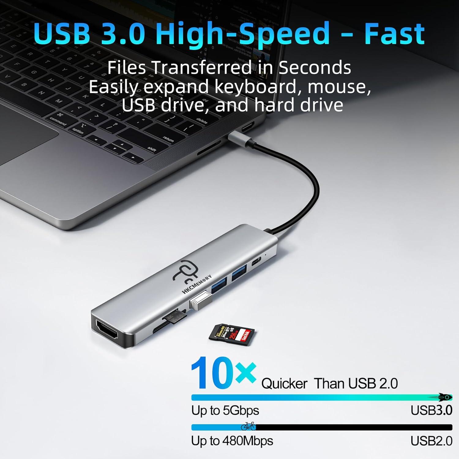 Hub USB C 7-en-1 HKCMEMORY con HDMI 4K y carga PD 100W