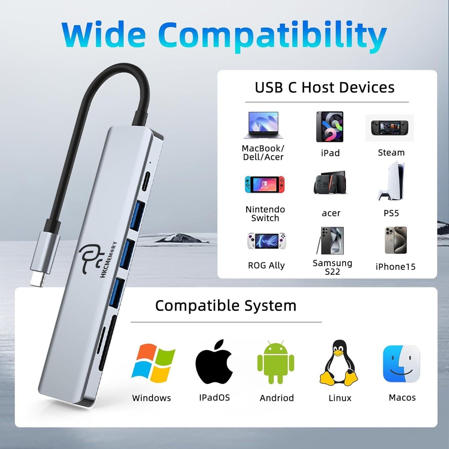 Hub USB C 7-en-1 HKCMEMORY con HDMI 4K y carga PD 100W
