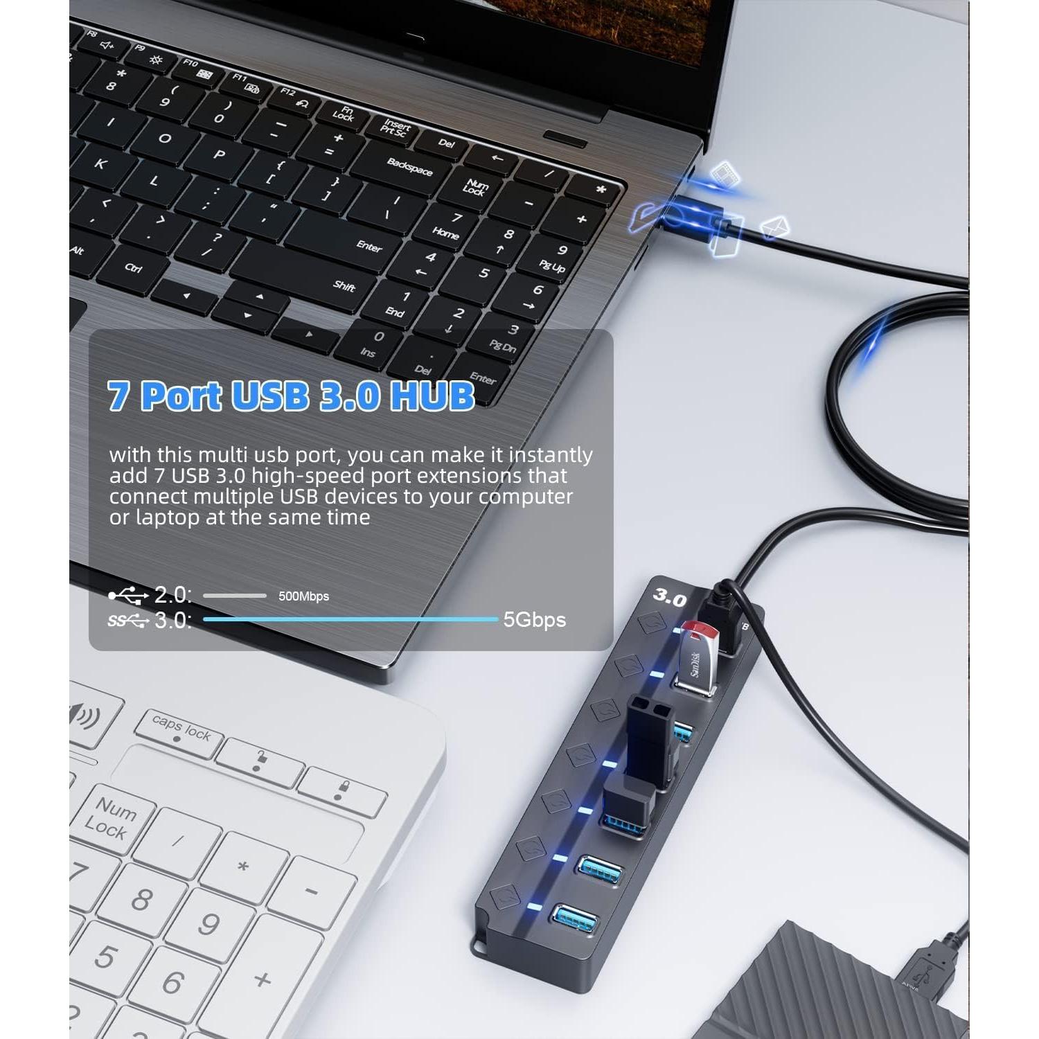 Hub USB 3.0 SNLLMZI de 7 Puertos con Interruptores y Cable 1.2m