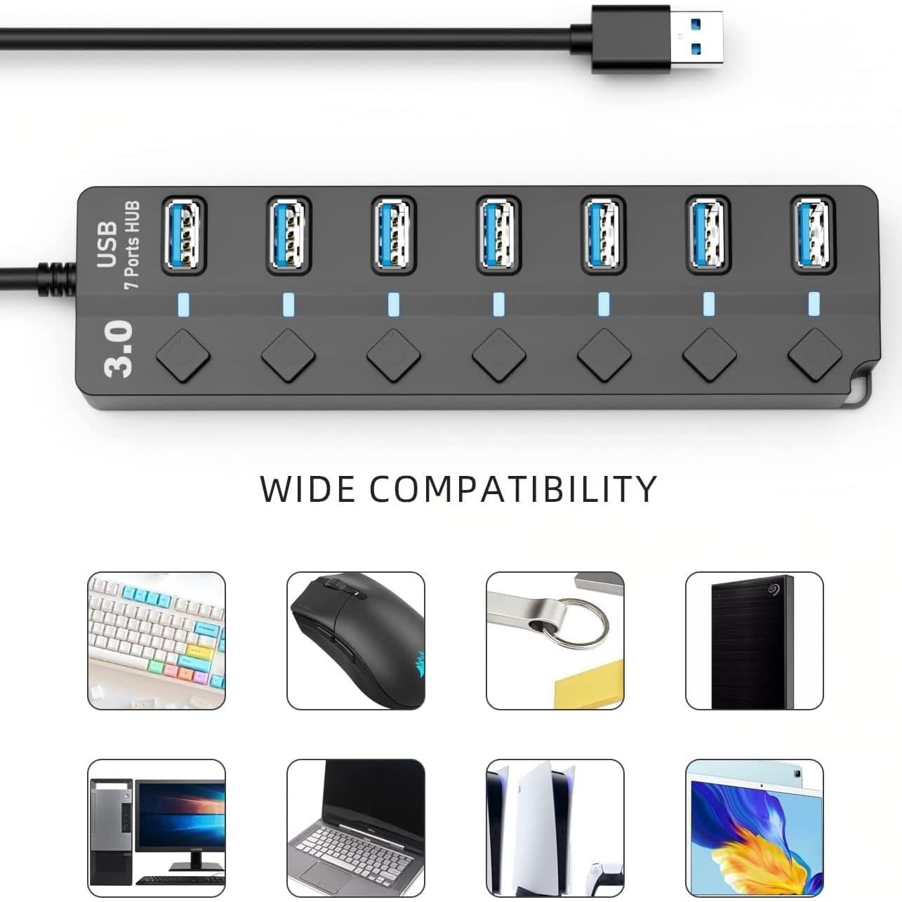 Hub USB 3.0 SNLLMZI de 7 Puertos con Interruptores y Cable 1.2m