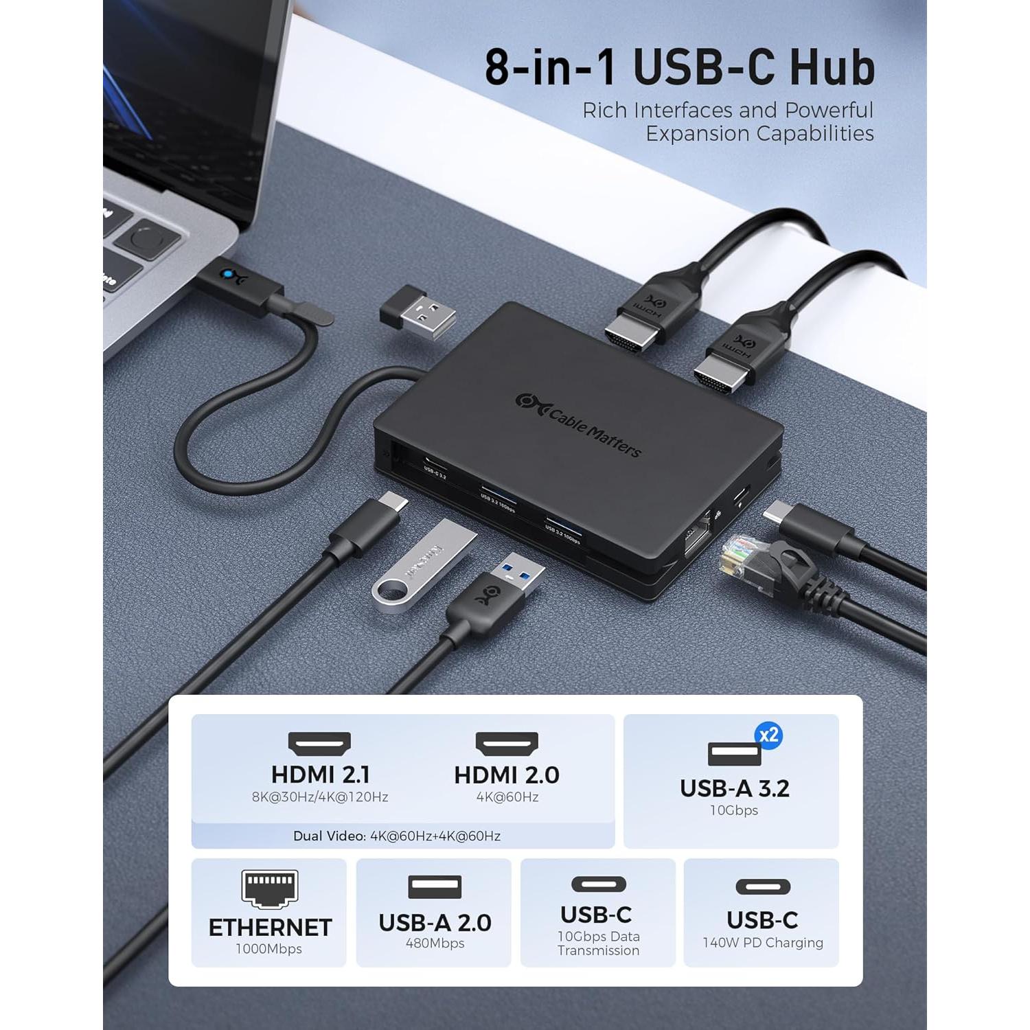 Adaptador Multiport USB C 8-en-1 Cable Matters HDMI 4K 140W