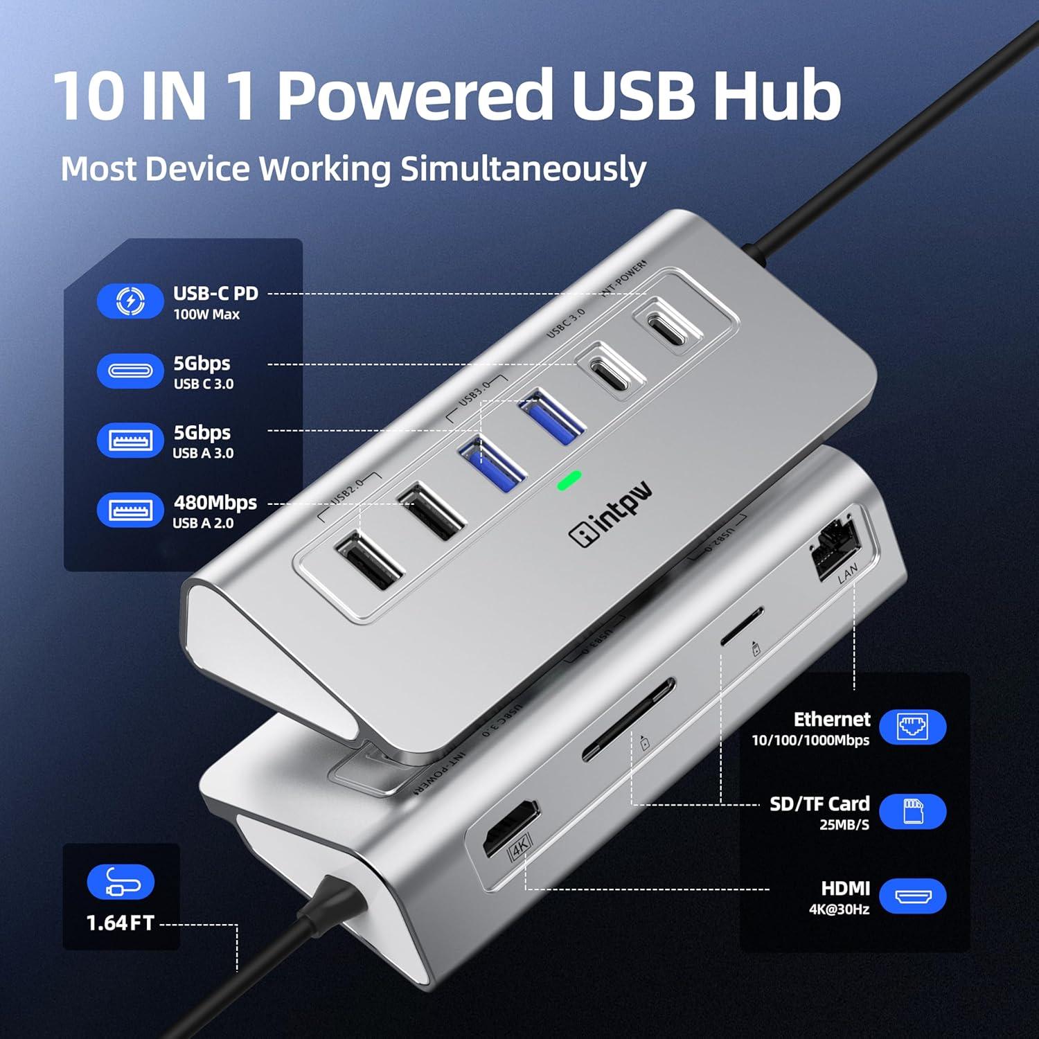 Hub USB C 10-en-1 intpw Aluminio HDMI 4K Ethernet 1Gbps