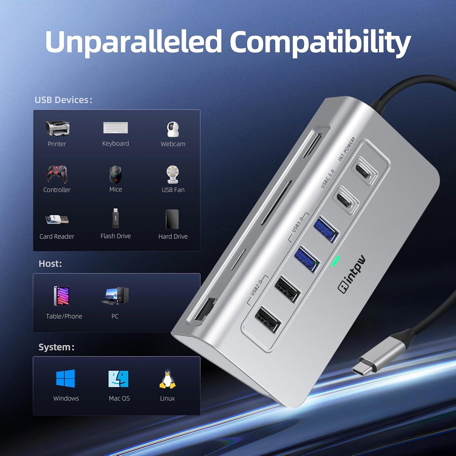 Hub USB C 10-en-1 intpw Aluminio HDMI 4K Ethernet 1Gbps