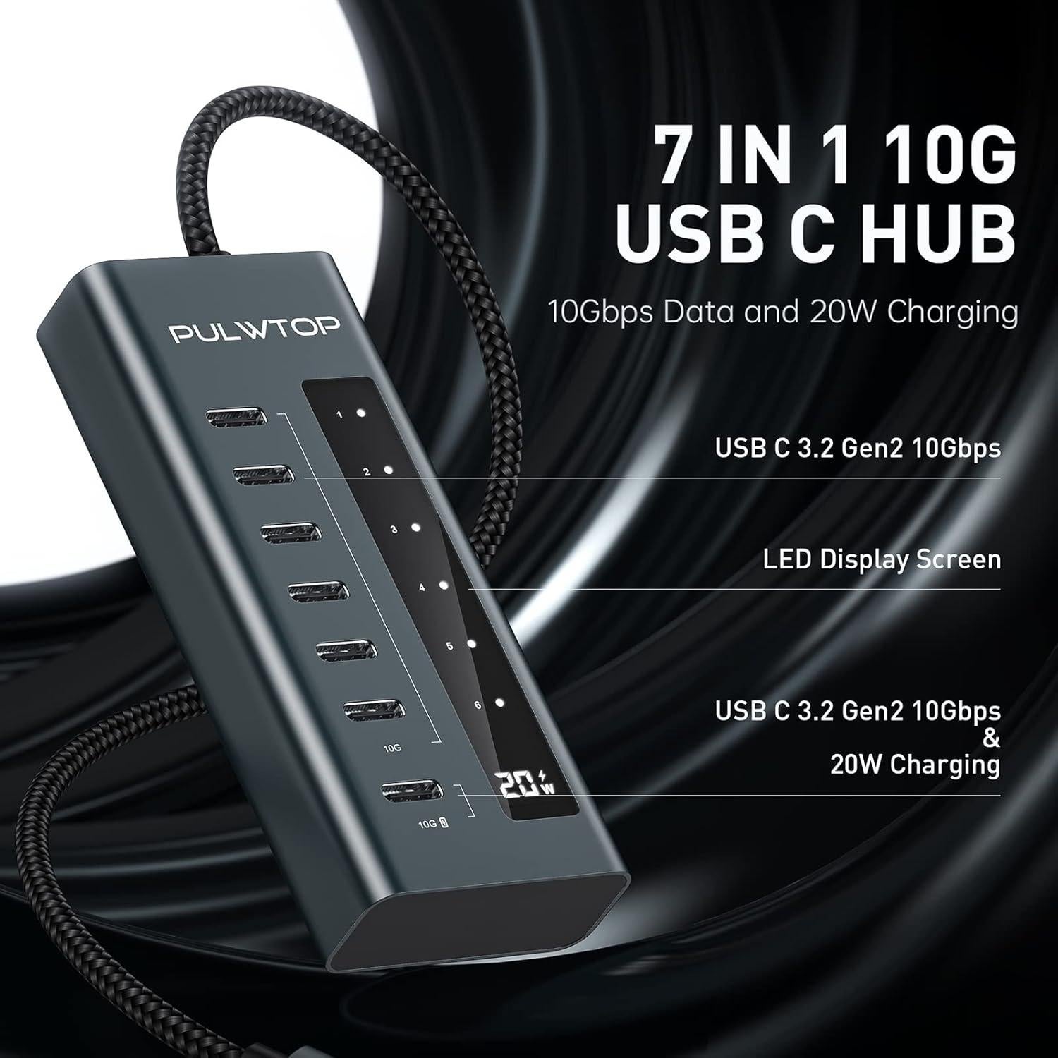Hub USB C 7 en 1 PULWTOP 10Gbps Carga Rápida Sin Video