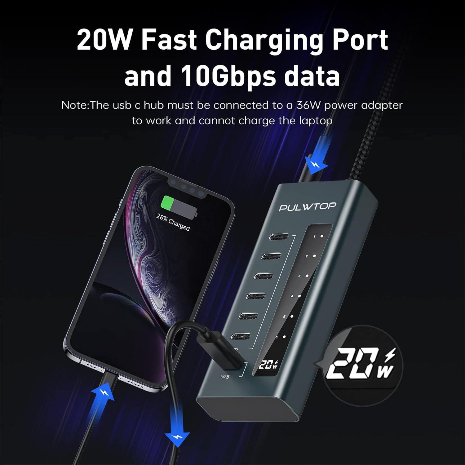 Hub USB C 7 en 1 PULWTOP 10Gbps Carga Rápida Sin Video