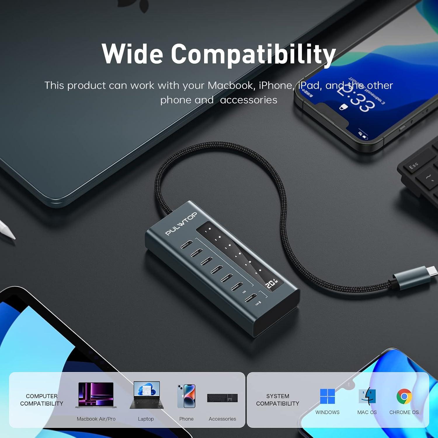 Hub USB C 7 en 1 PULWTOP 10Gbps Carga Rápida Sin Video