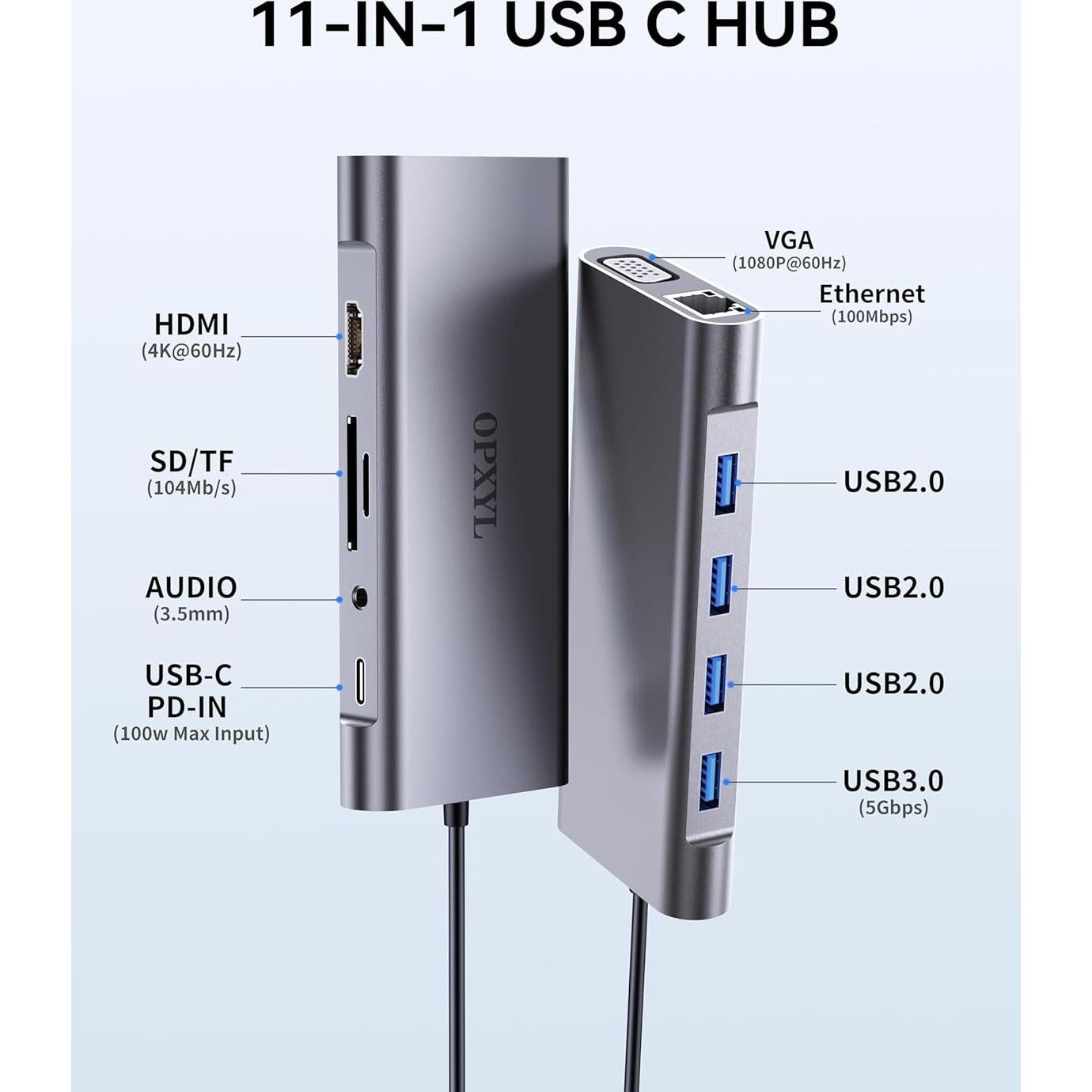 Adaptador Multiport USB C 11-en-1 Opxyl con HDMI 4K y VGA