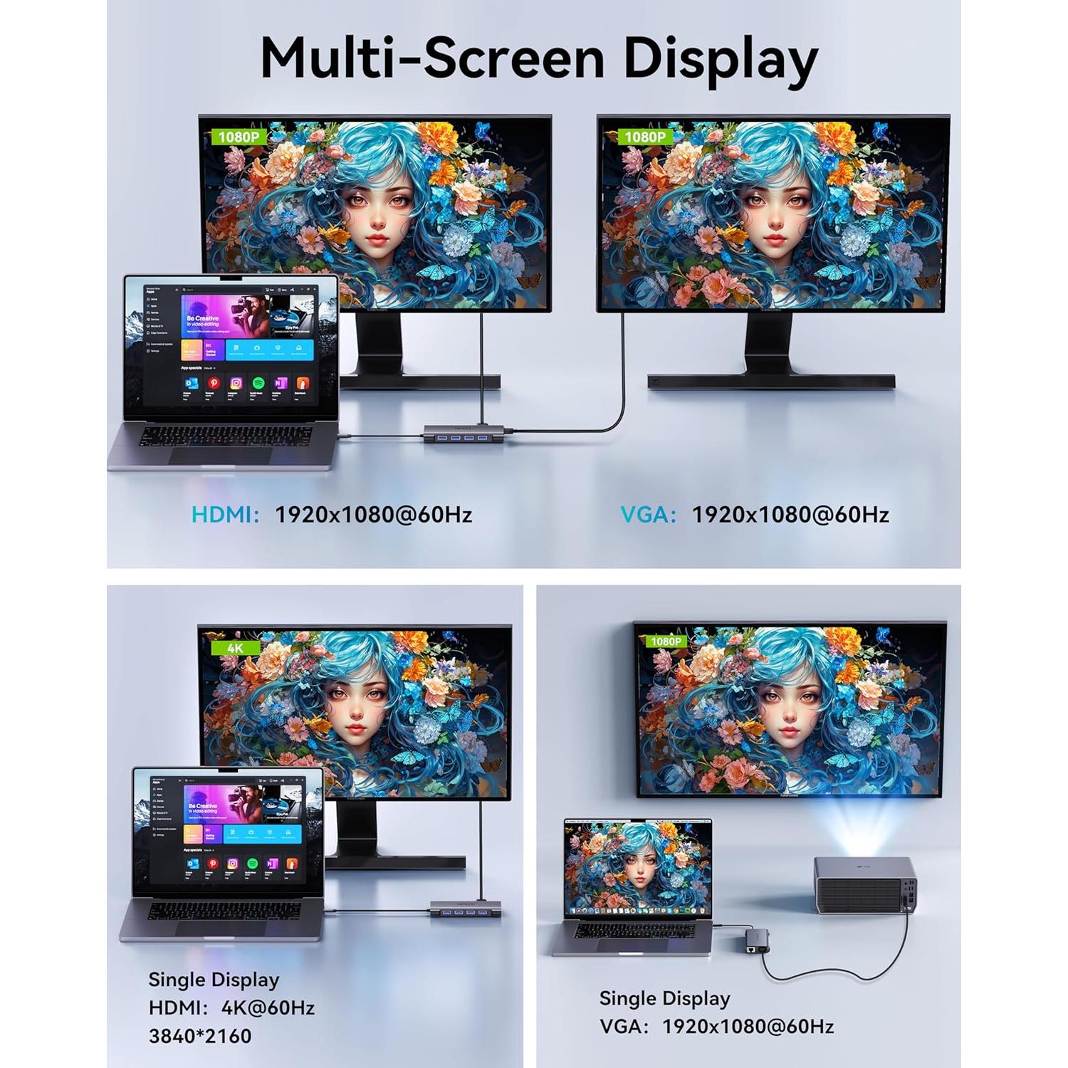 Adaptador Multiport USB C 11-en-1 Opxyl con HDMI 4K y VGA