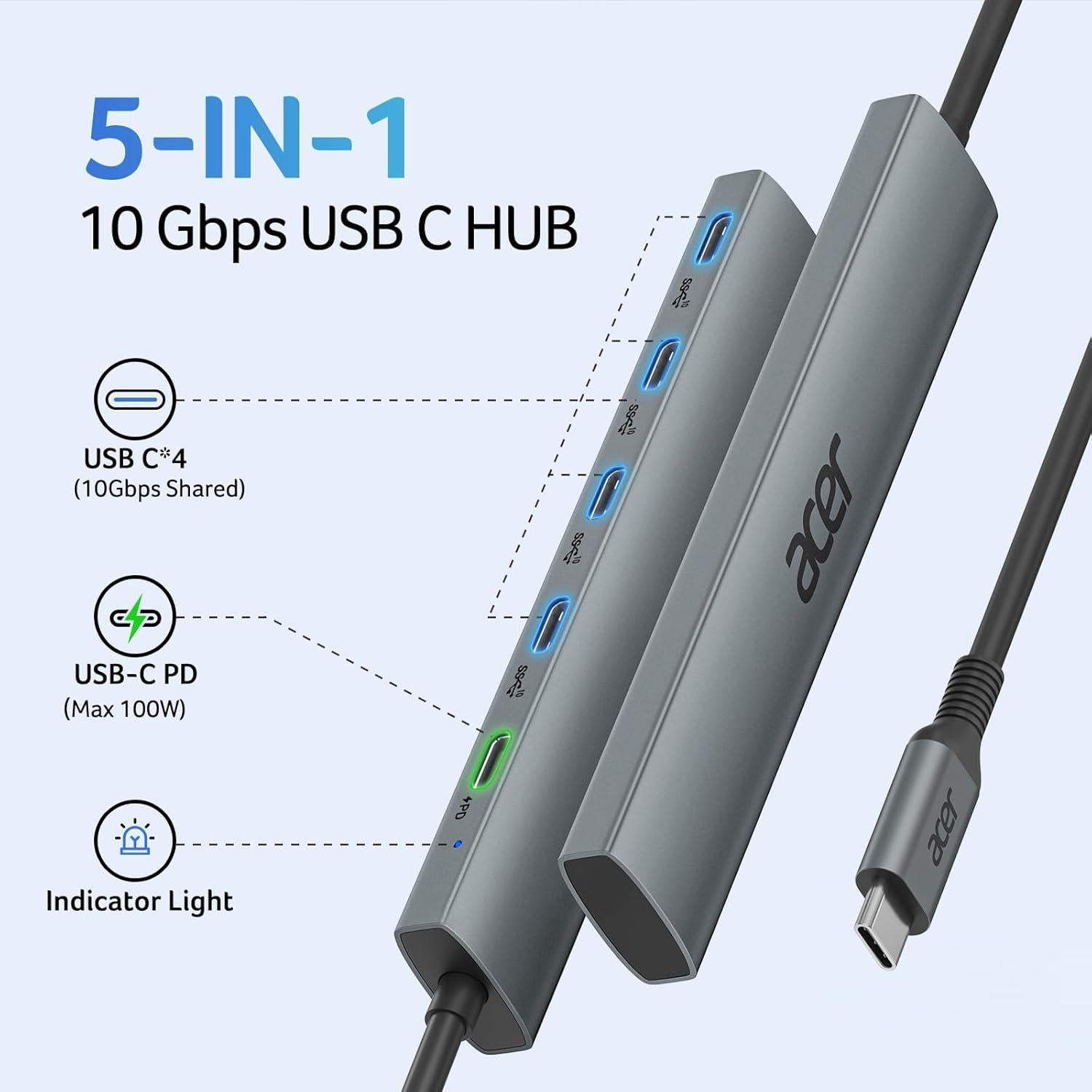 Hub USB-C Acer ODK4L0 10Gbps 4 Puertos 100W PD