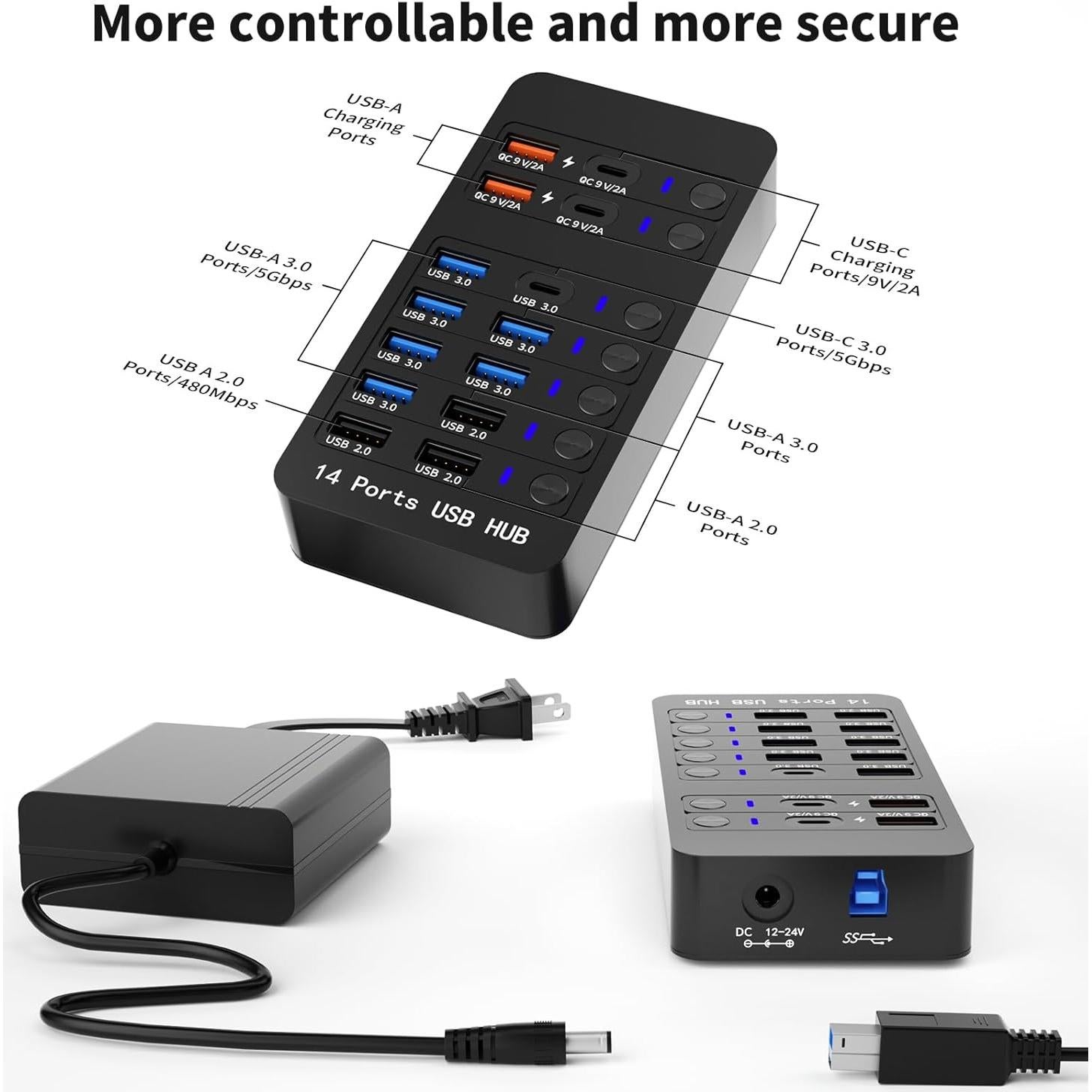 Hub USB Alimentado Zeroffi de 14 Puertos con Carga Rápida