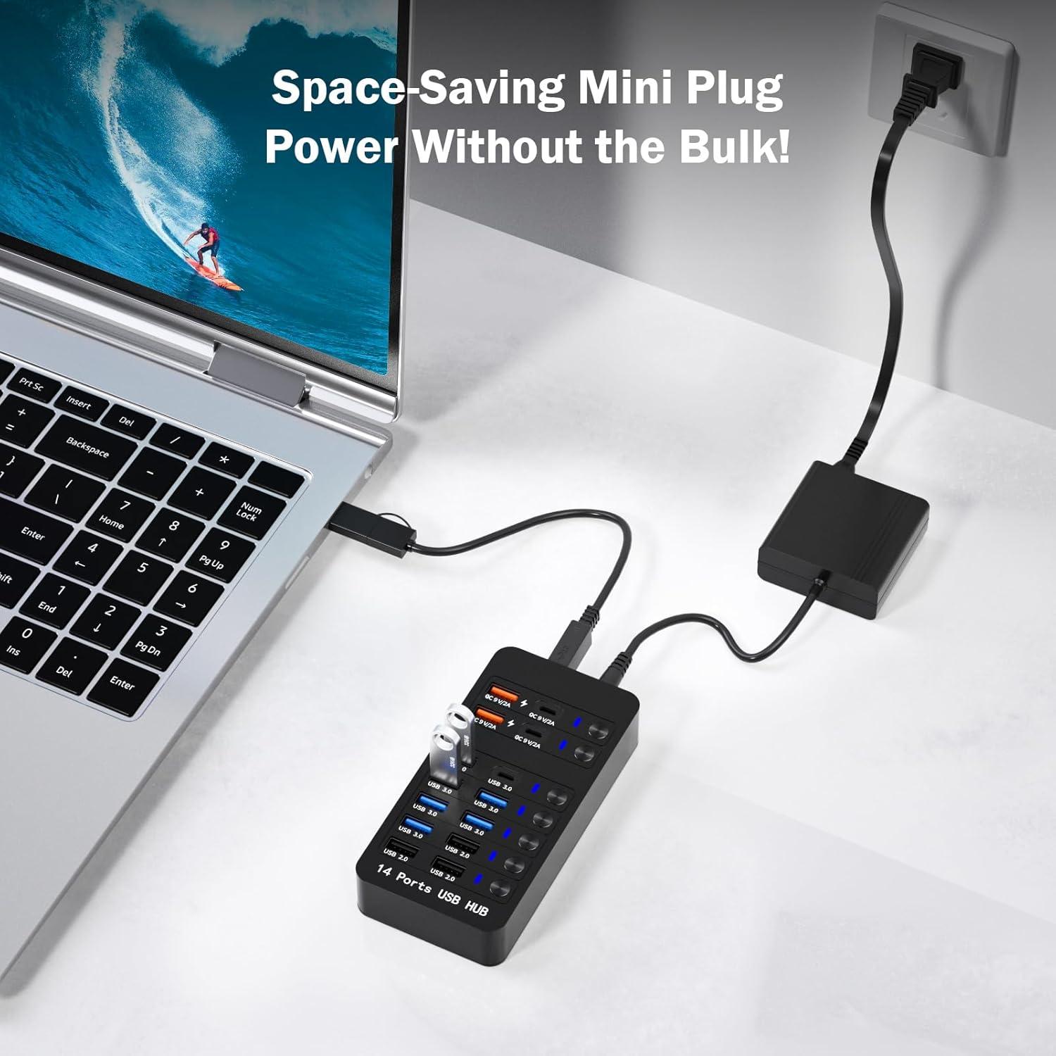 Hub USB Alimentado Zeroffi de 14 Puertos con Carga Rápida