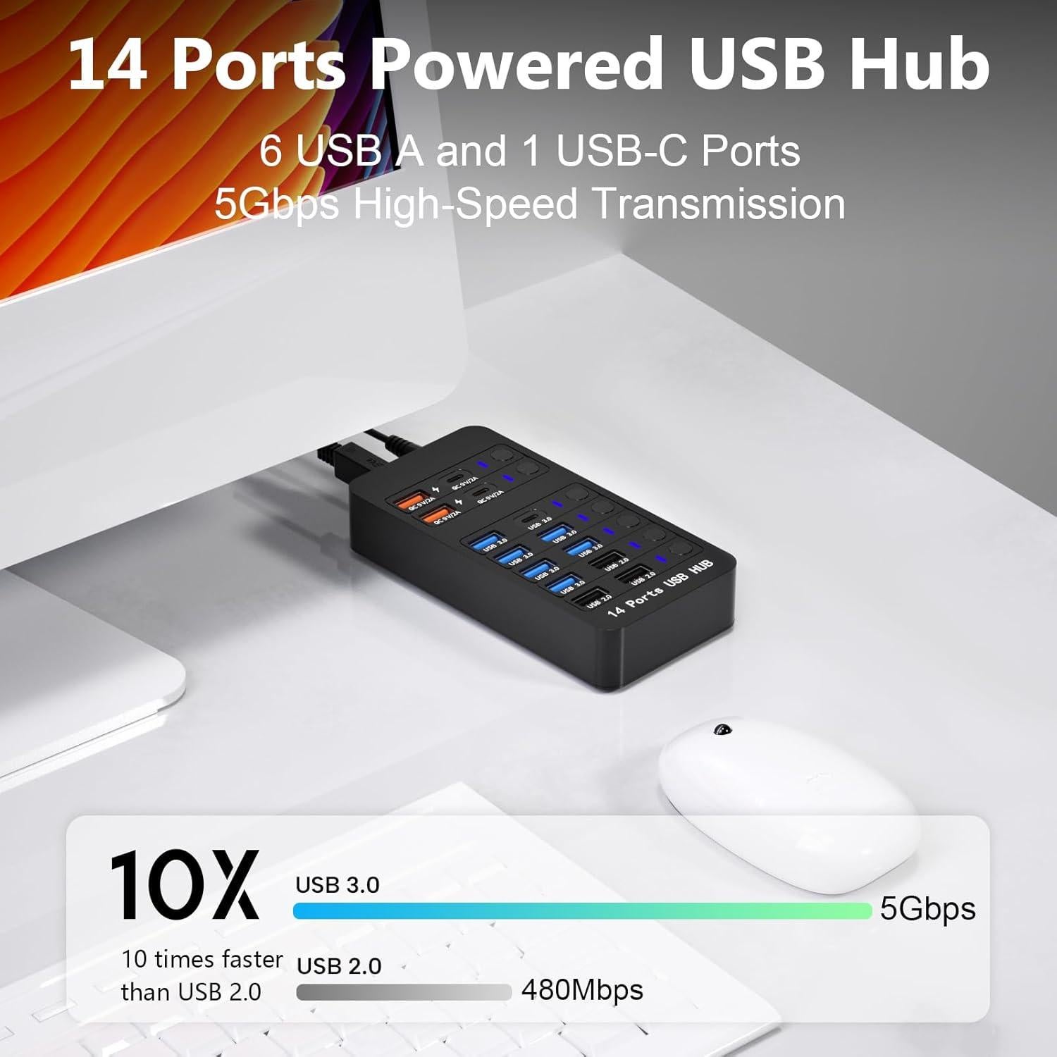 Hub USB Alimentado Zeroffi de 14 Puertos con Carga Rápida