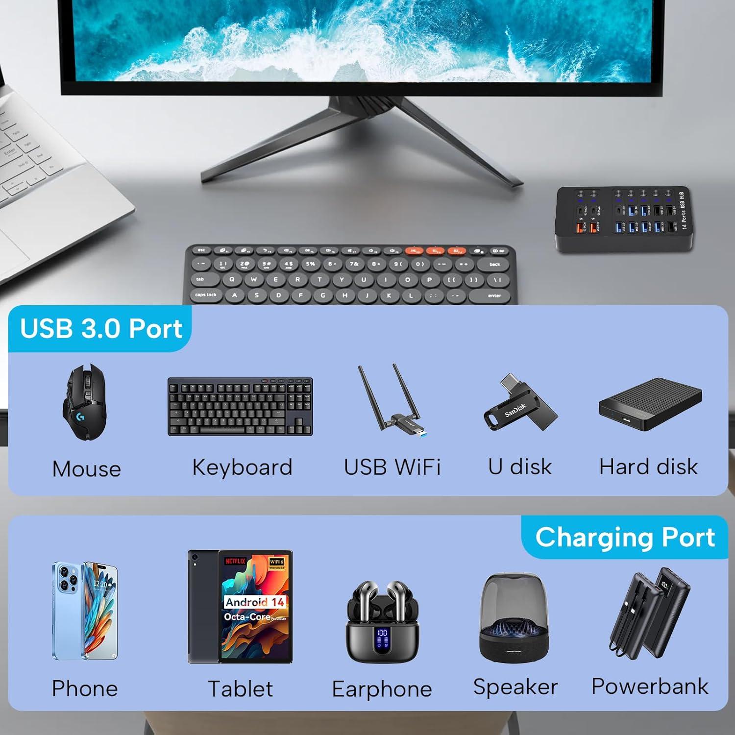 Hub USB Alimentado Zeroffi de 14 Puertos con Carga Rápida