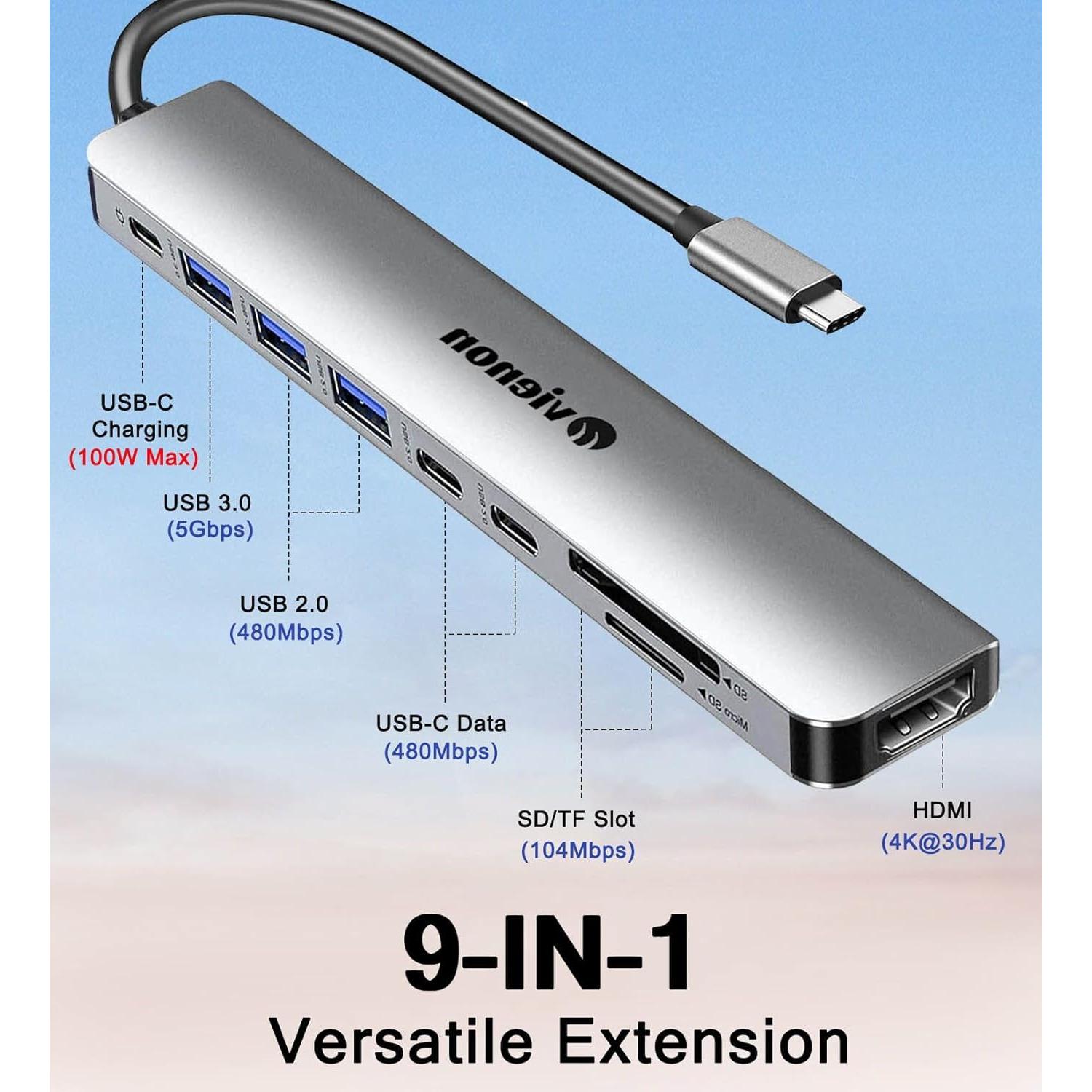 Adaptador Hub HDMI USB C VIENON 9 en 1 4K 100W para Laptop