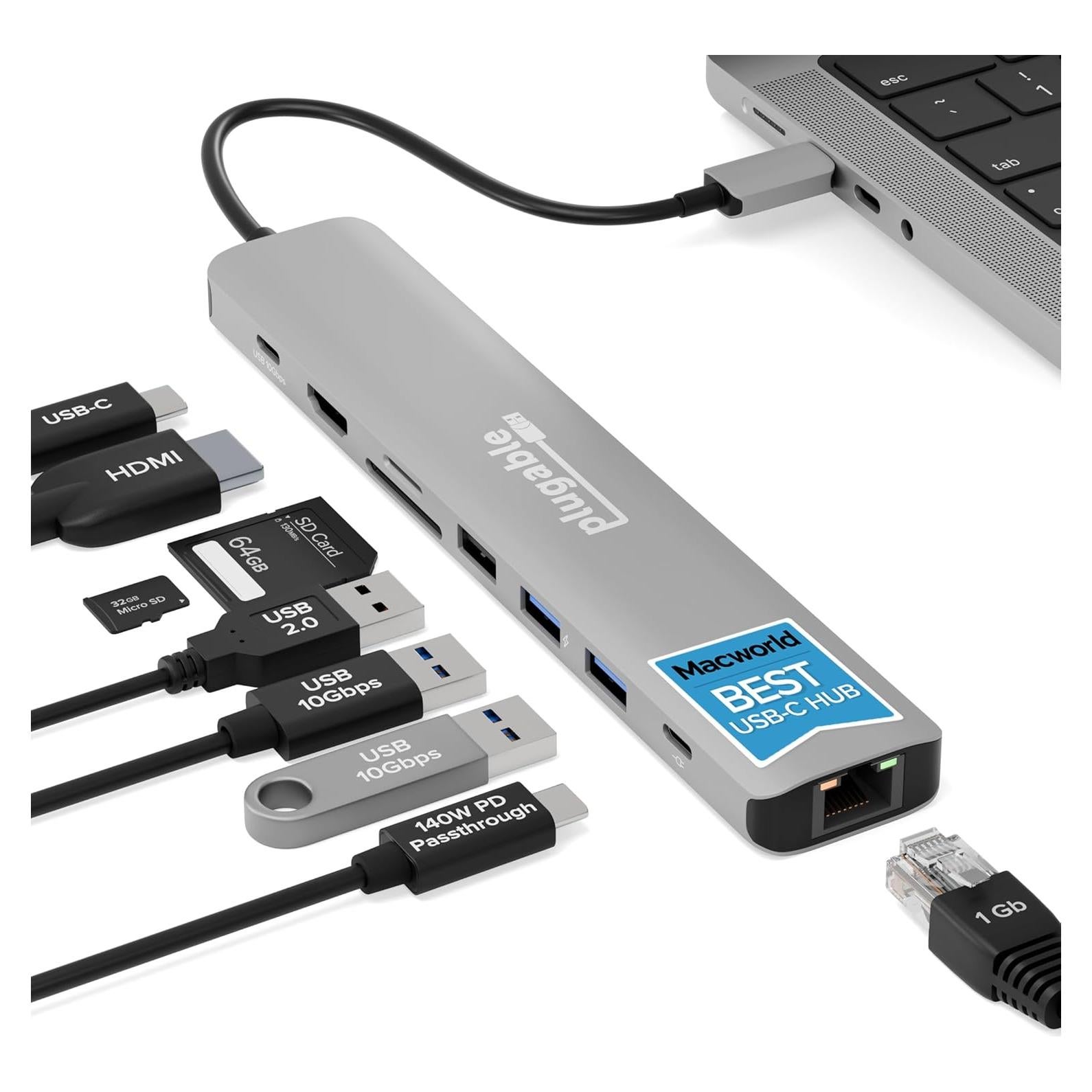 Adaptador Multiport USB-C Plugable USBC-9IN1E 140W HDMI 4K