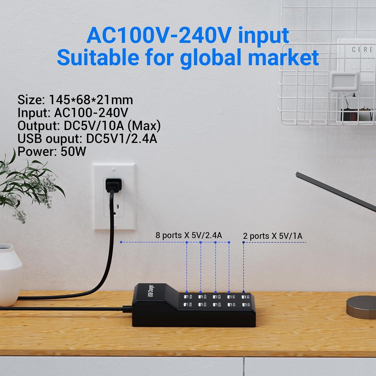 Estación de Carga USB 10 Puertos Resypey 50W 10A Negro