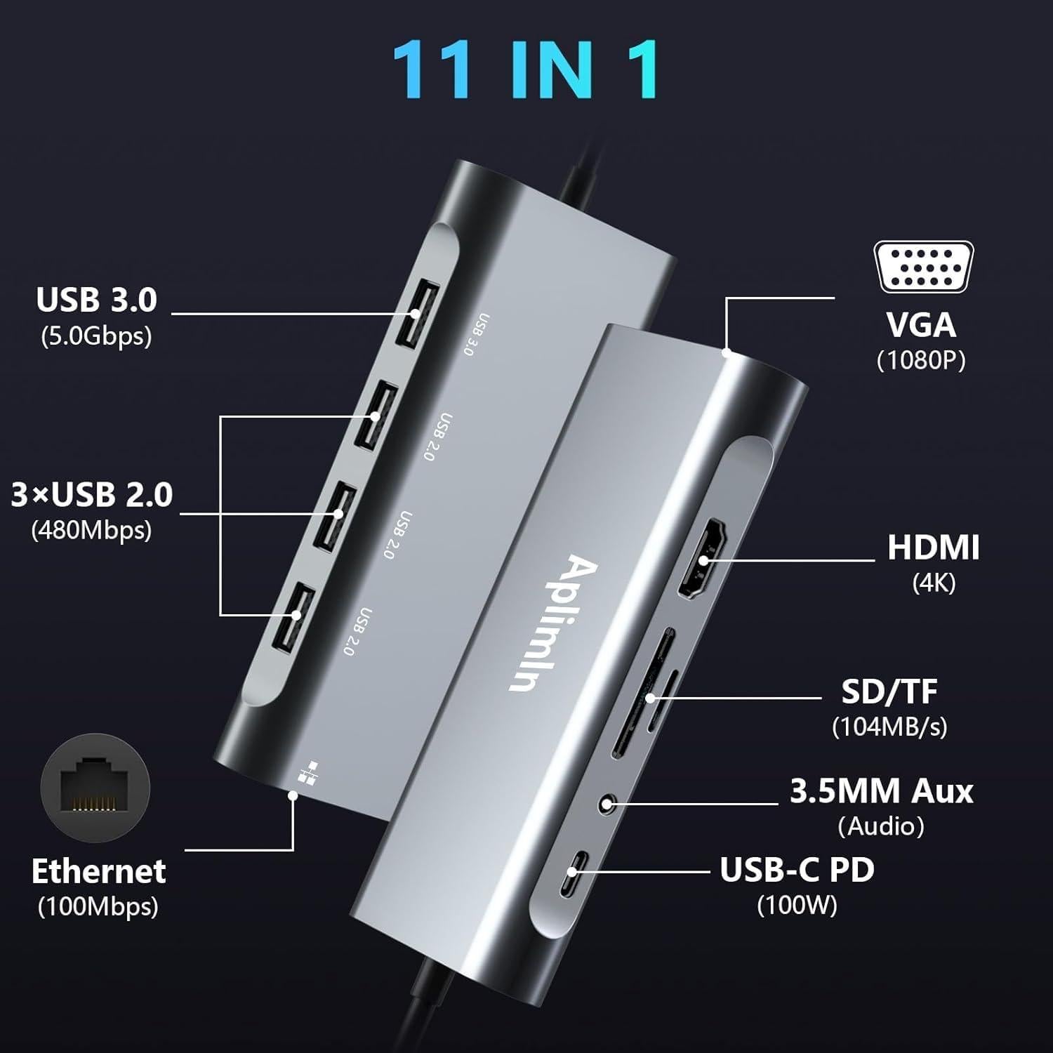 Adaptador USB-C 11 en 1 Aplimln con 4K HDMI y VGA