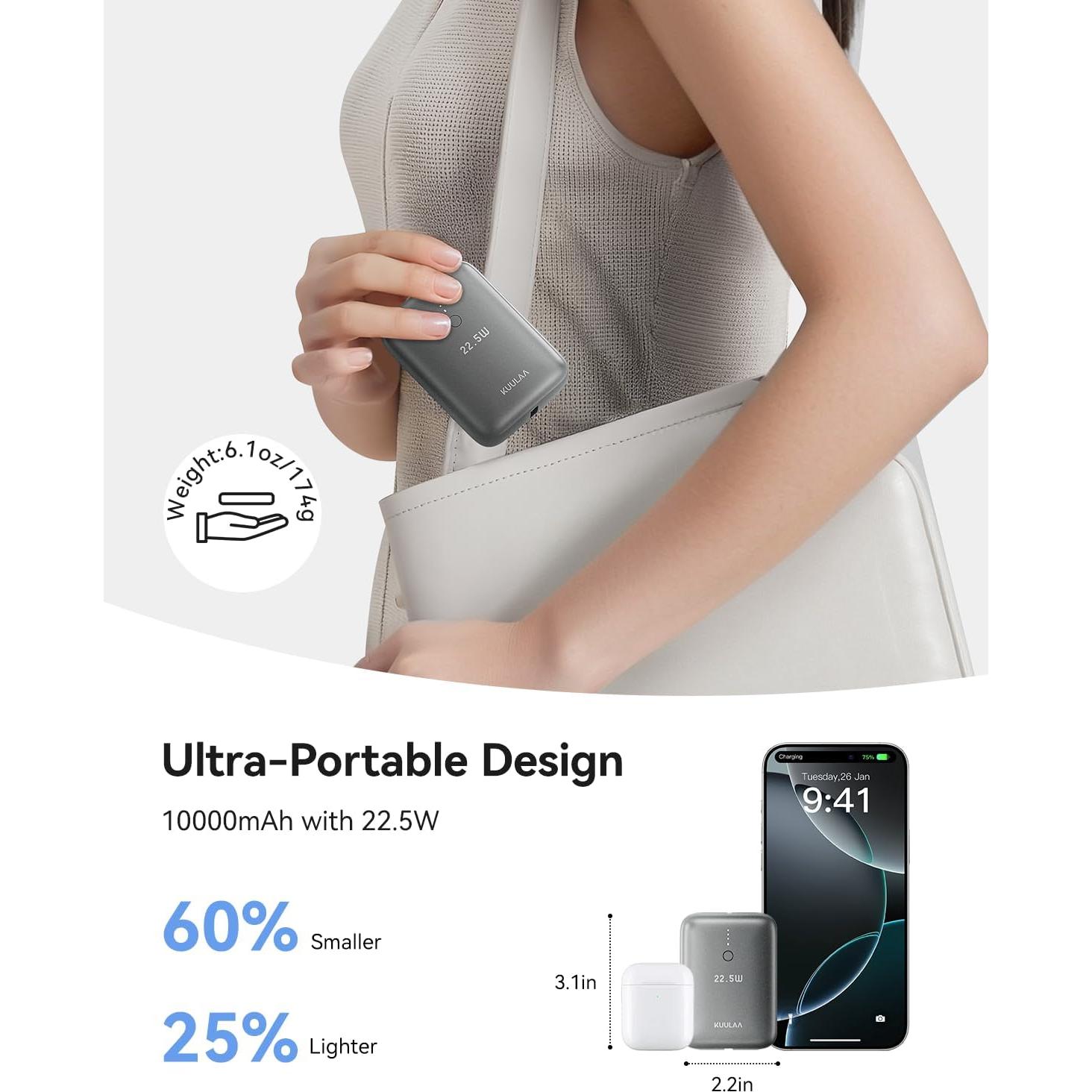 Cargador Portátil Kuulaa 10000mAh PD 22.5W USB-C Rápido