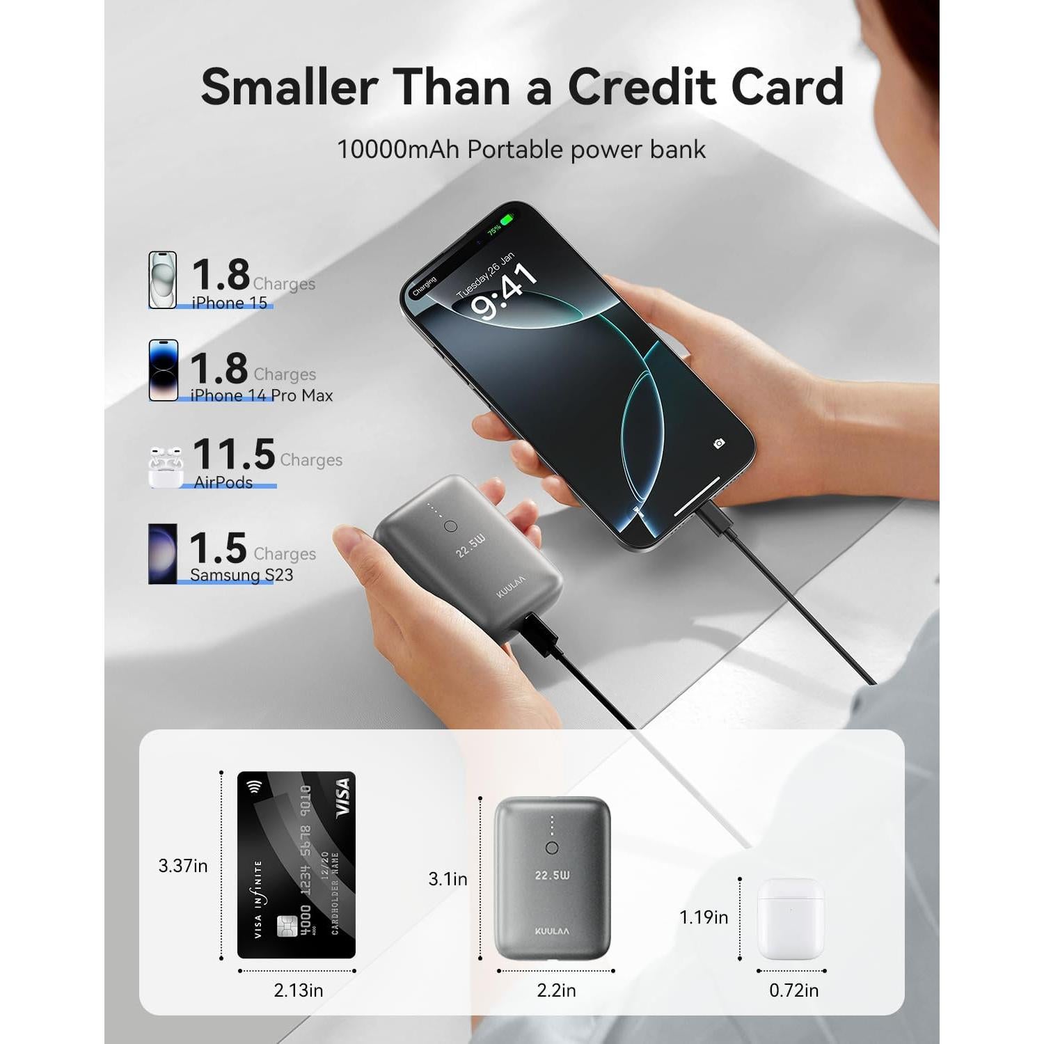 Cargador Portátil Kuulaa 10000mAh PD 22.5W USB-C Rápido