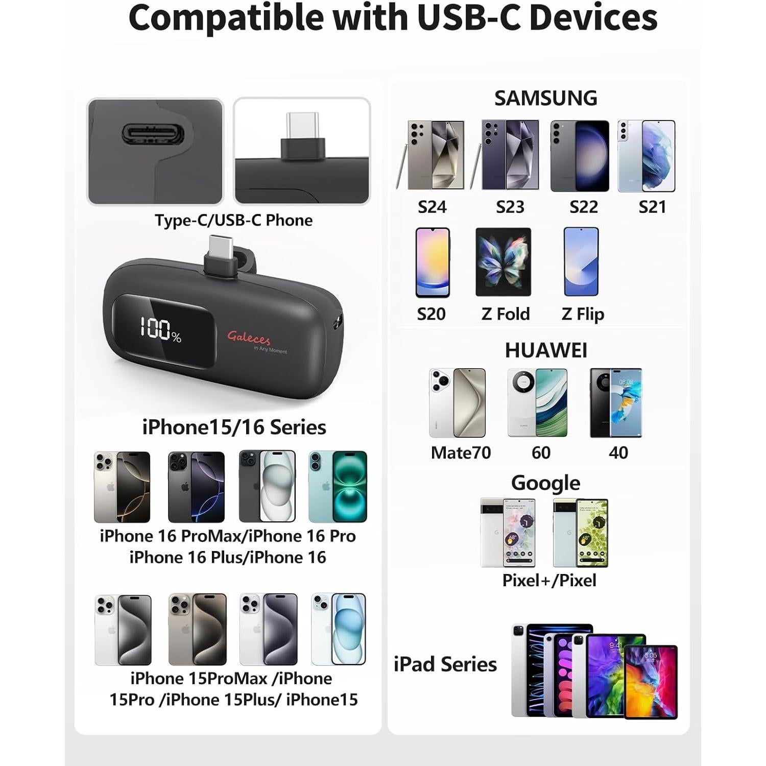 Cargador Portátil Mini Galeces 20W 5000mAh USB-C Negro