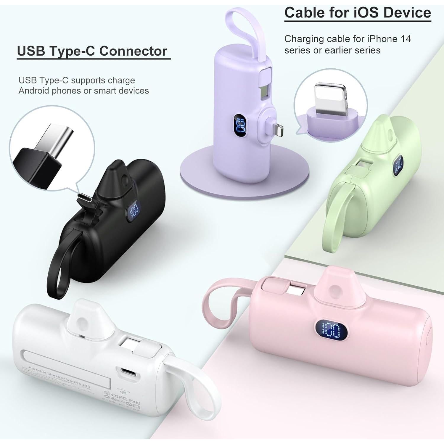 Cargador Portátil ANYCOOL 5000mAh con Cable USB-C y Pantalla LED