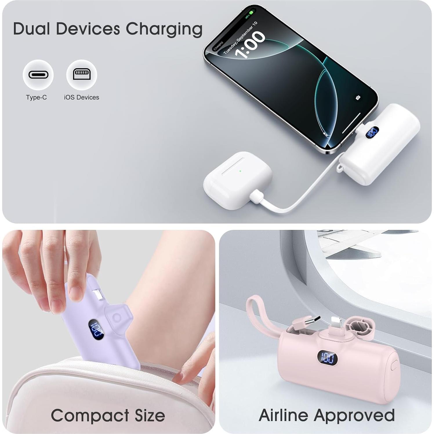 Cargador Portátil ANYCOOL 5000mAh con Cable USB-C y Pantalla LED