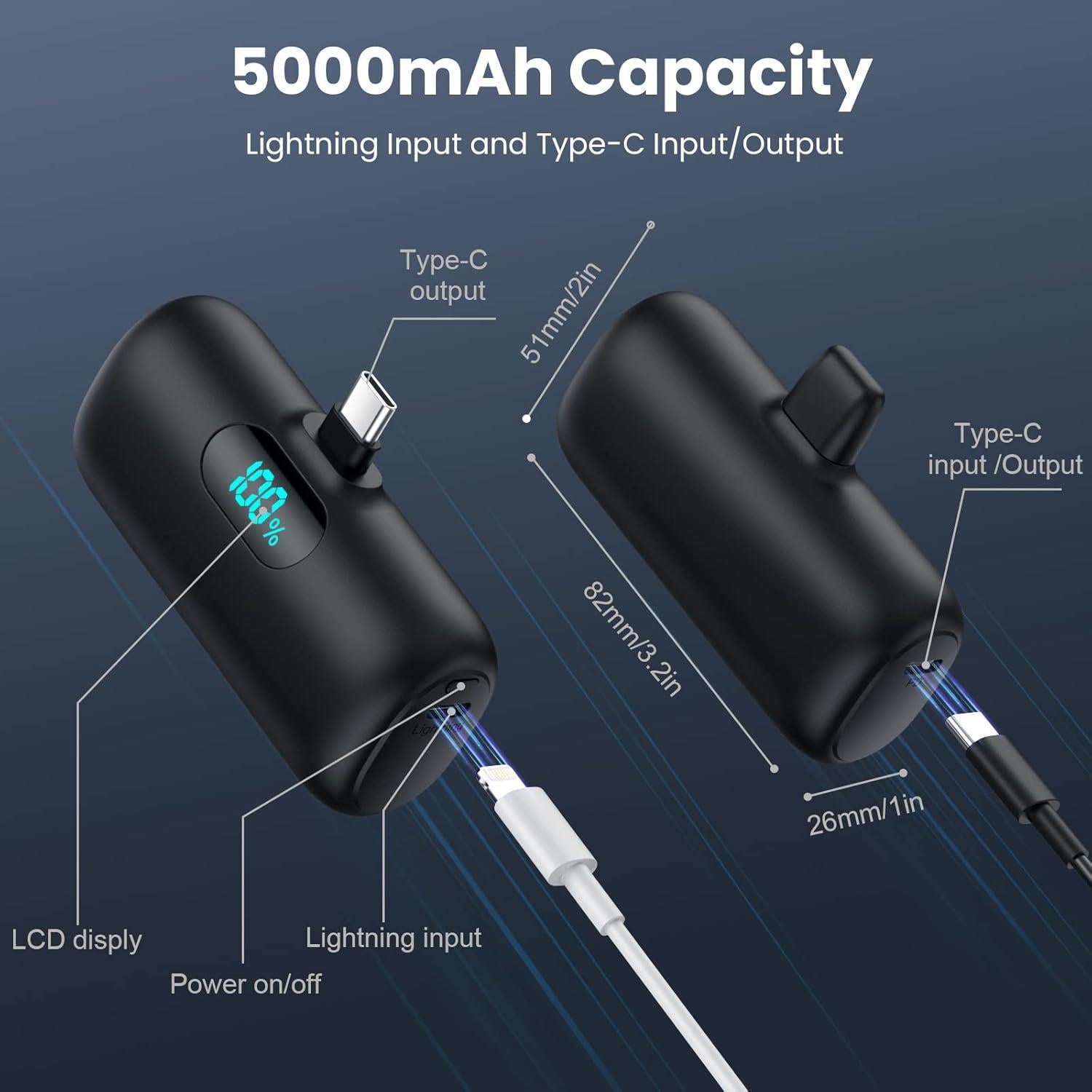 Cargador Portátil Mini 5000mAh USB-C Rápido para iPhone y Android