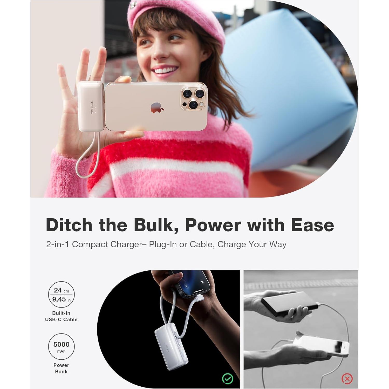 Cargador Portátil Torras 5,000mAh 22.5W USB-C Oro Rosa