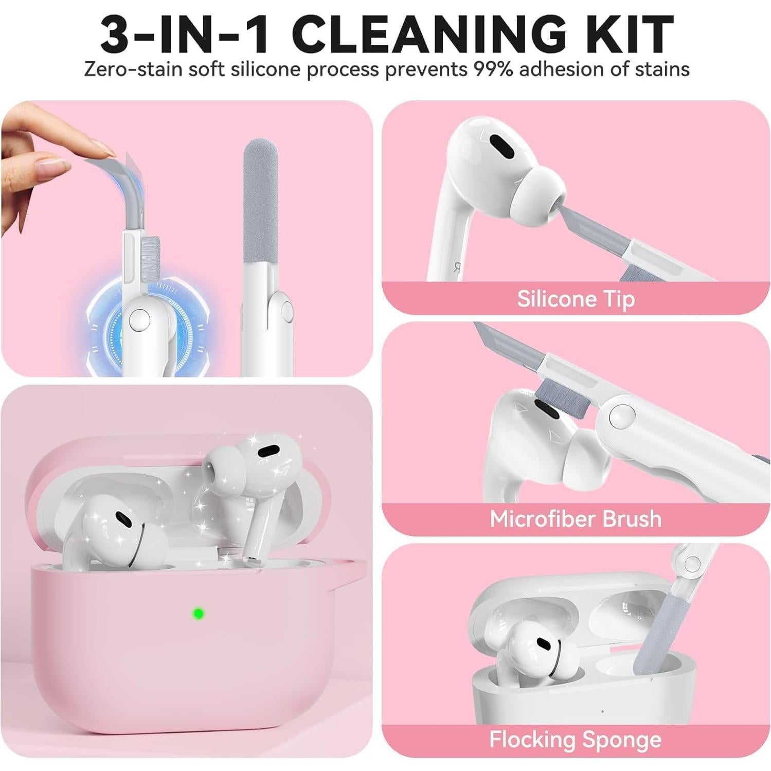 Funda de Silicona Rosa Claro para AirPods Pro 1ª/2ª Gen con Kit de Limpieza