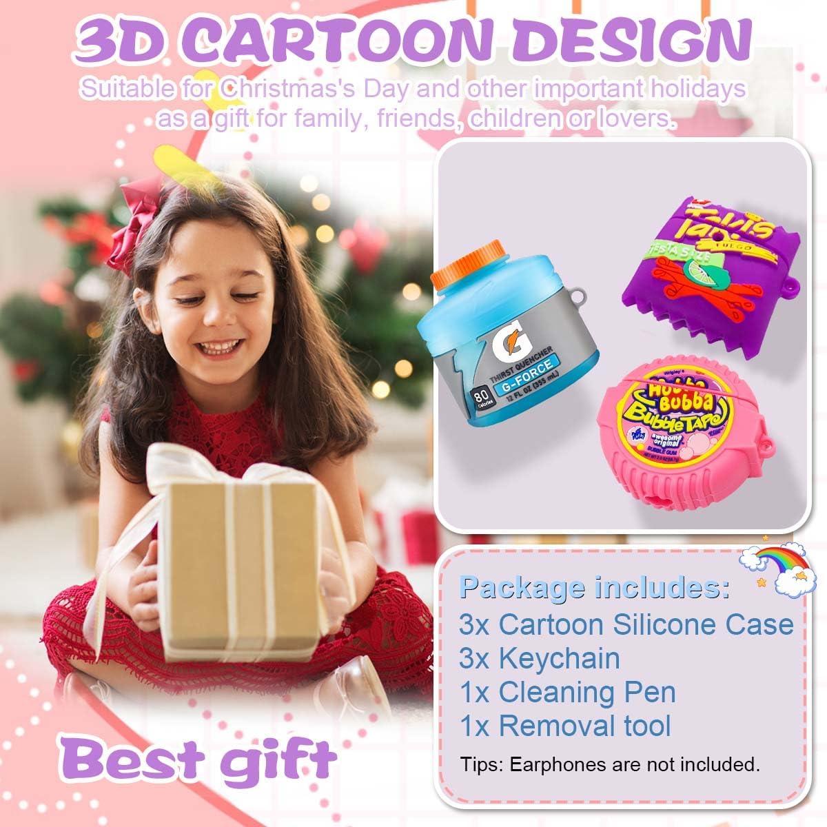 Paquete 3 Fundas Silicona Kawaii para Airpods 4 - Azul, Morado, Rosa